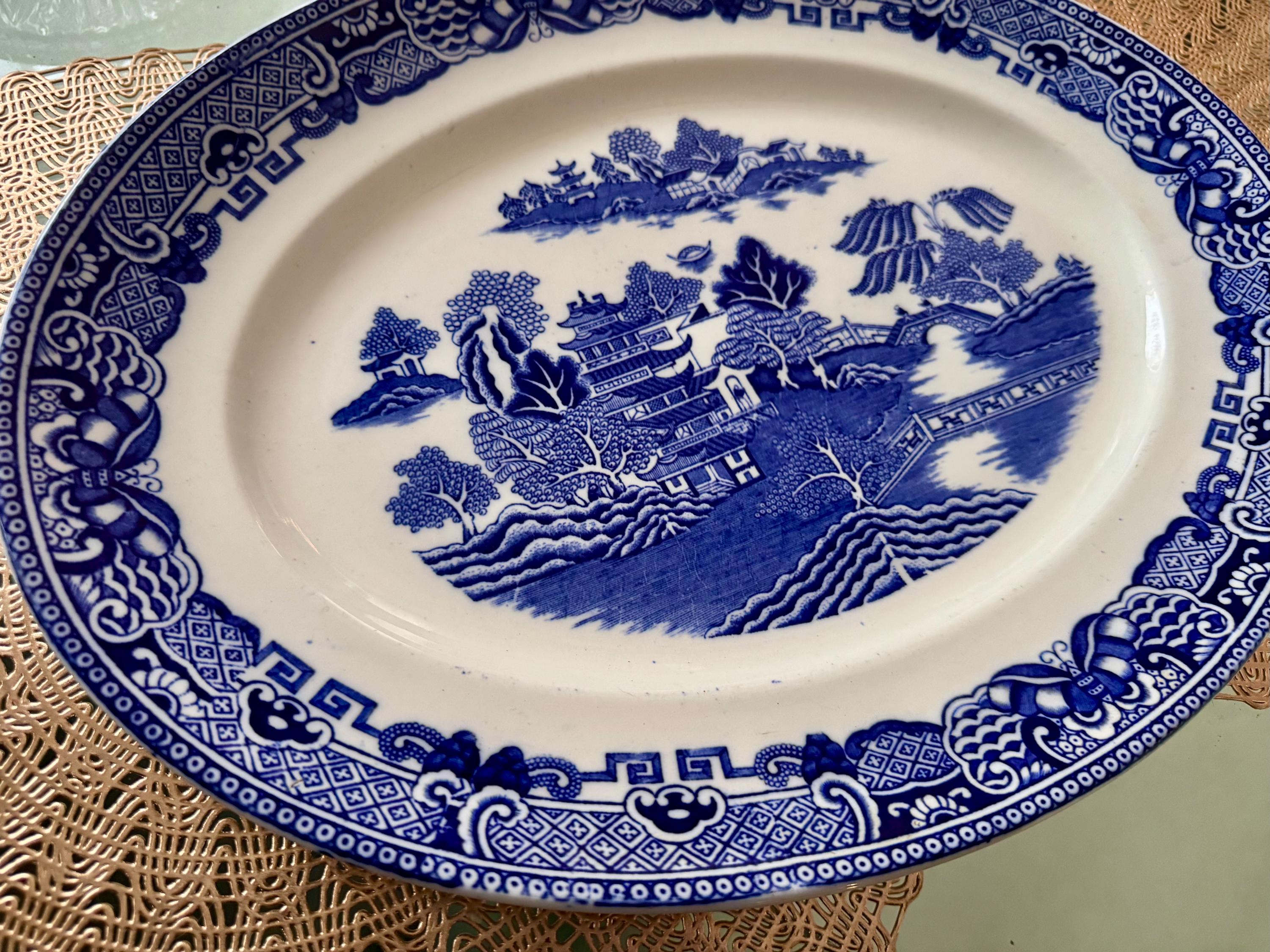 Antique T.G. Green Ming Blue Willow Transferware Platter, Gresley Ware, detail view 7