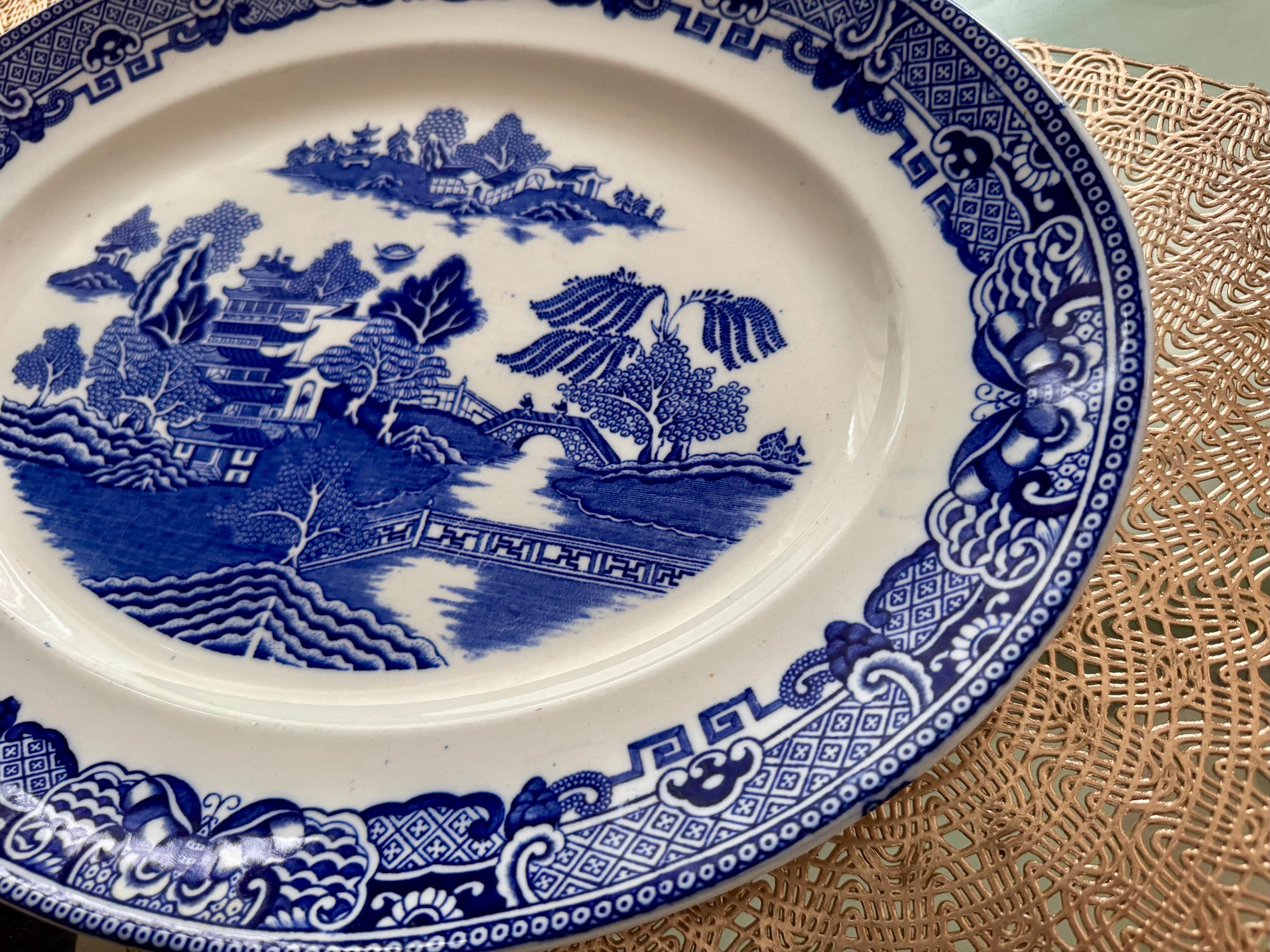 Antique T.G. Green Ming Blue Willow Transferware Platter, Gresley Ware, detail view 8