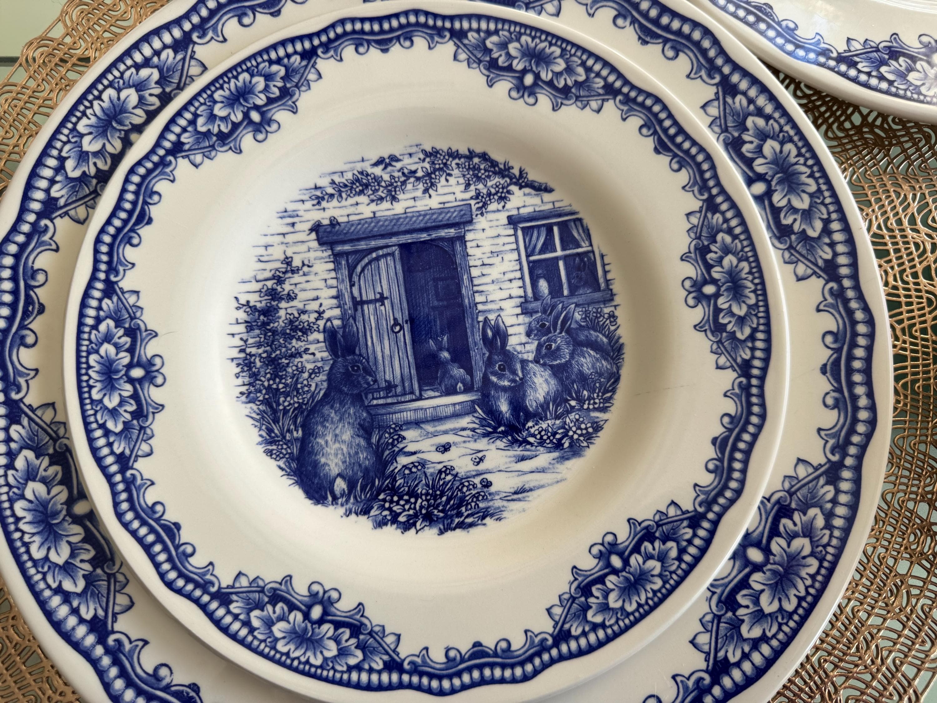 Blue & White Easter Bunny Plates – Royal Stafford England – Spring Tablescape – Easter Brunch Entertaining, detail view 1