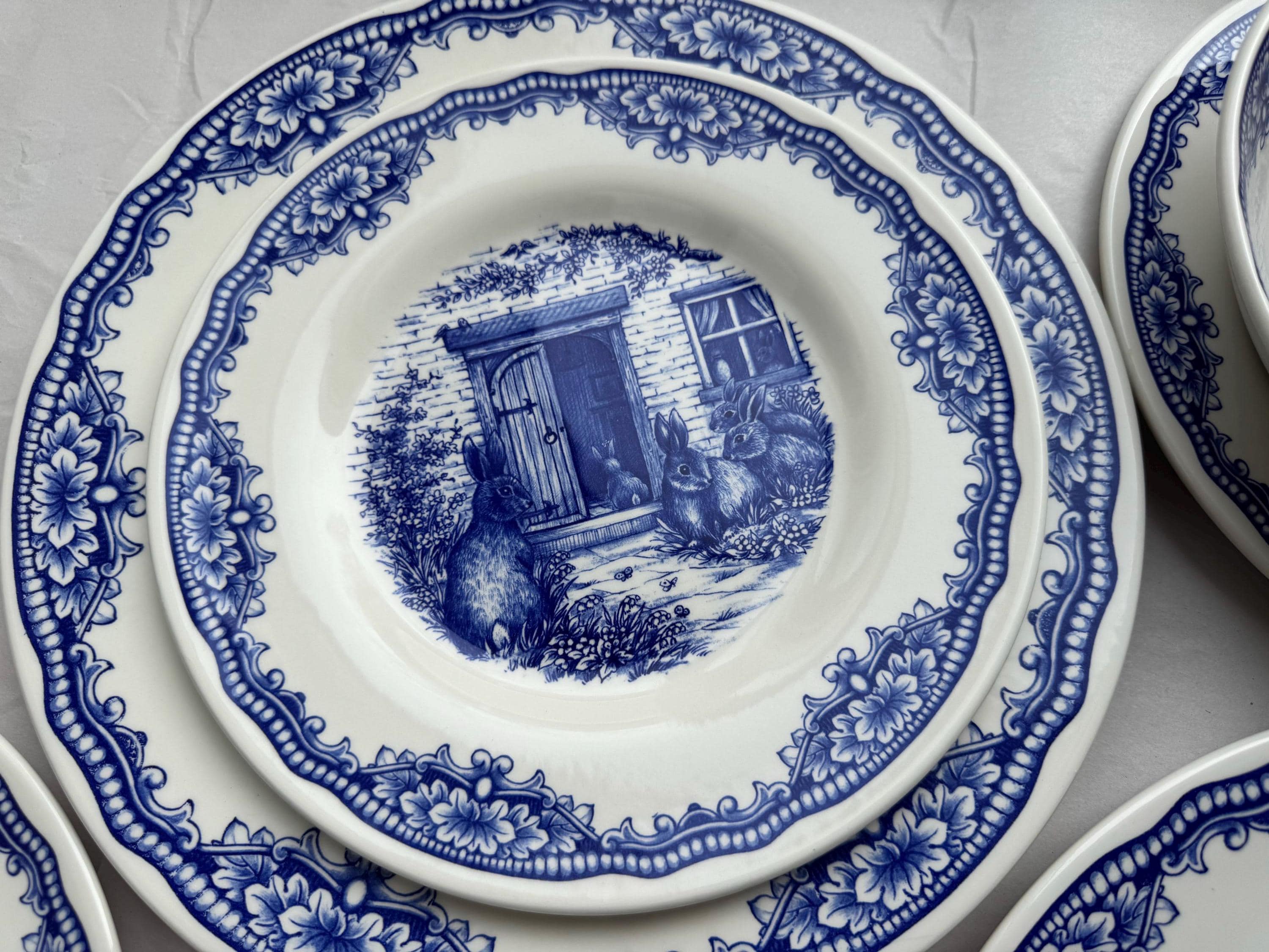 Blue & White Easter Bunny Plates – Royal Stafford England – Spring Tablescape – Easter Brunch Entertaining, detail view 4