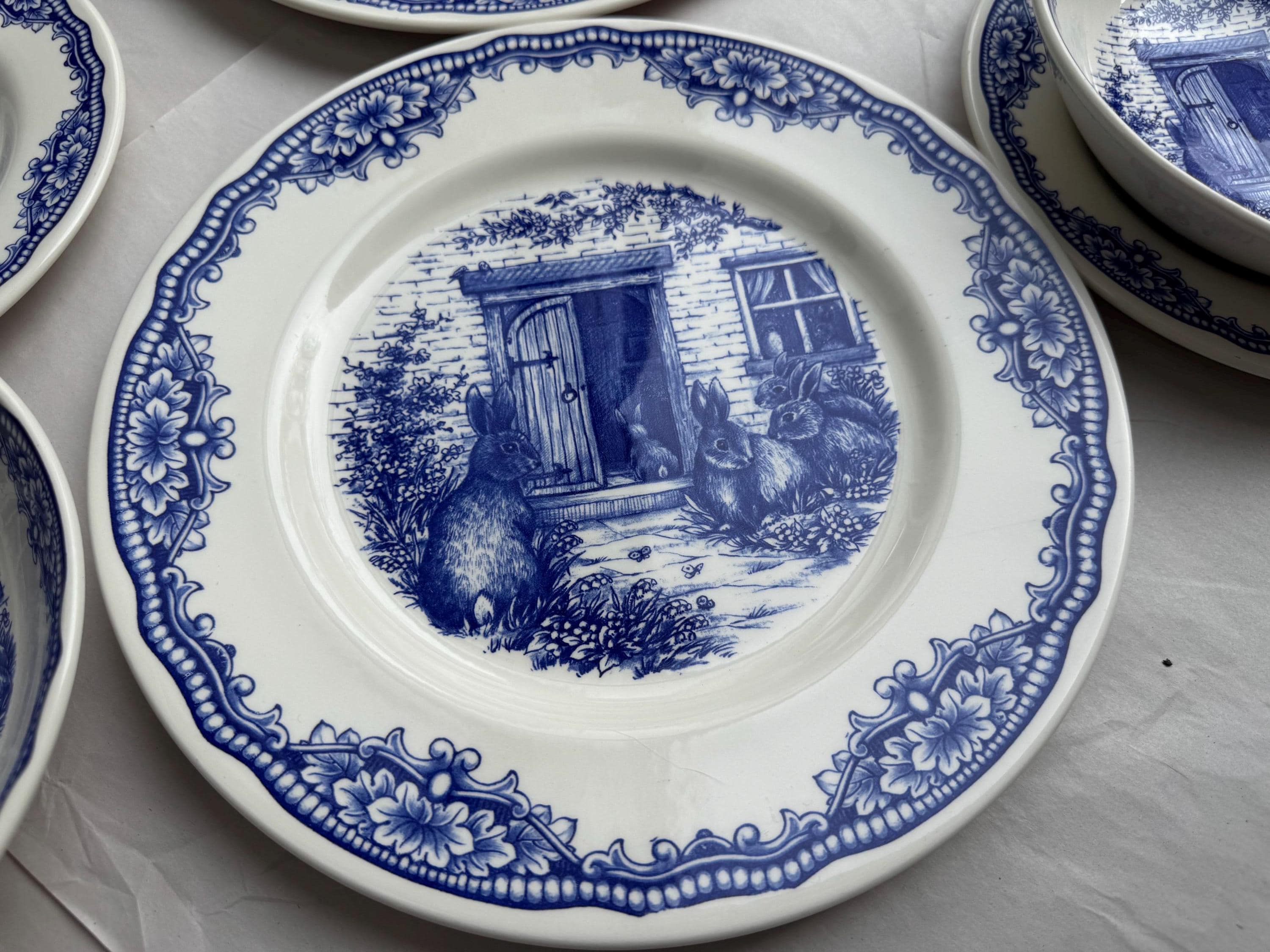 Blue & White Easter Bunny Plates – Royal Stafford England – Spring Tablescape – Easter Brunch Entertaining, detail view 6