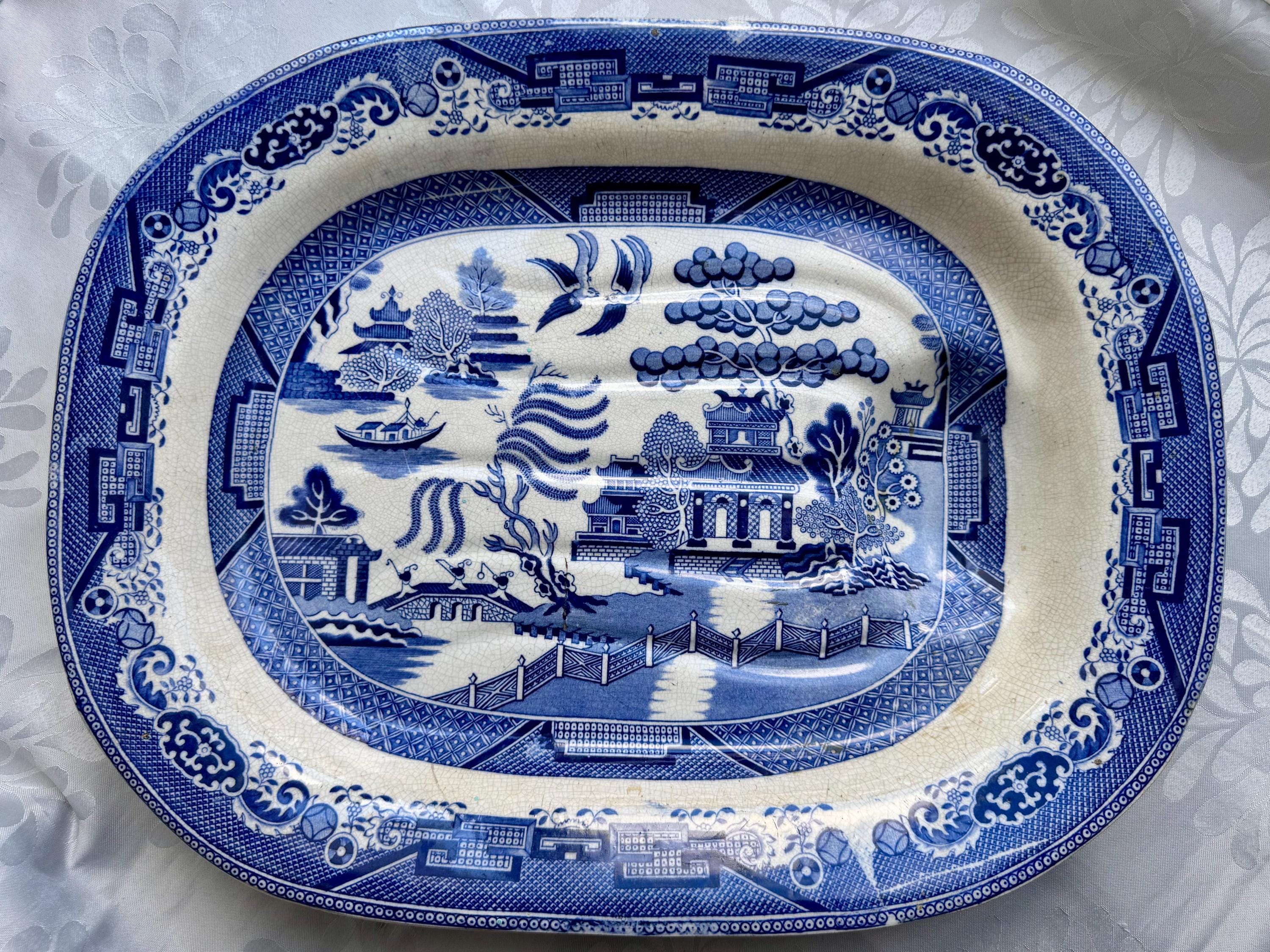 Circa 1840 English Blue Willow “Well & Tree” Meat Platter – Monumental 19th-Century Serving Dish, front view