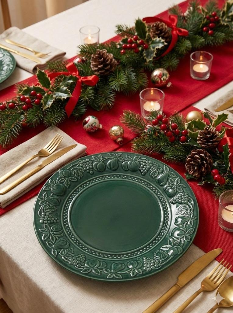 Corelle Stoneware Dinner Plate – 10.5” – Deep Green Fruit Border – Made in Thailand, front view