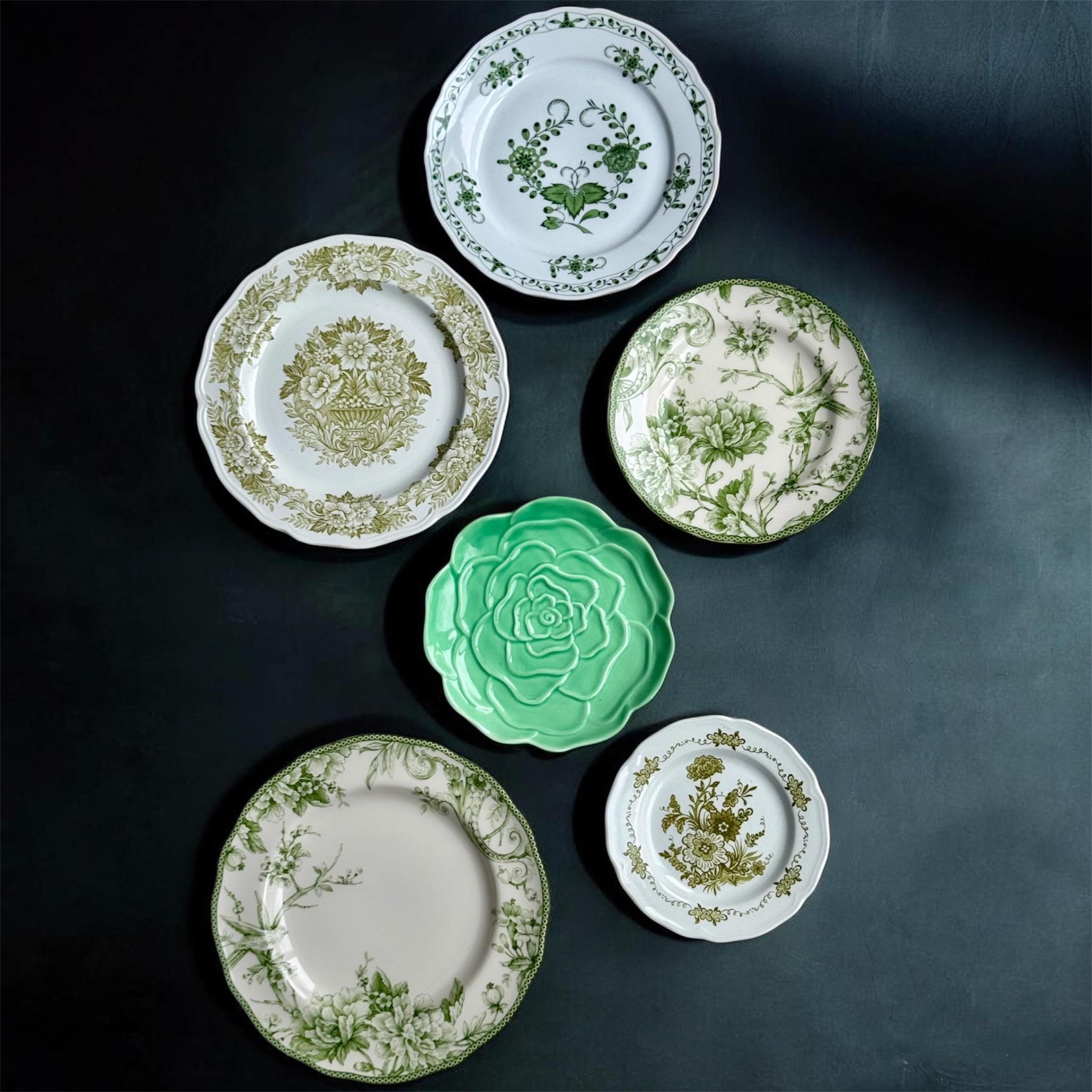 Curated Green Vintage Plate Collection – Botanical & Floral Plates – Mix Match Wall Decor, front view