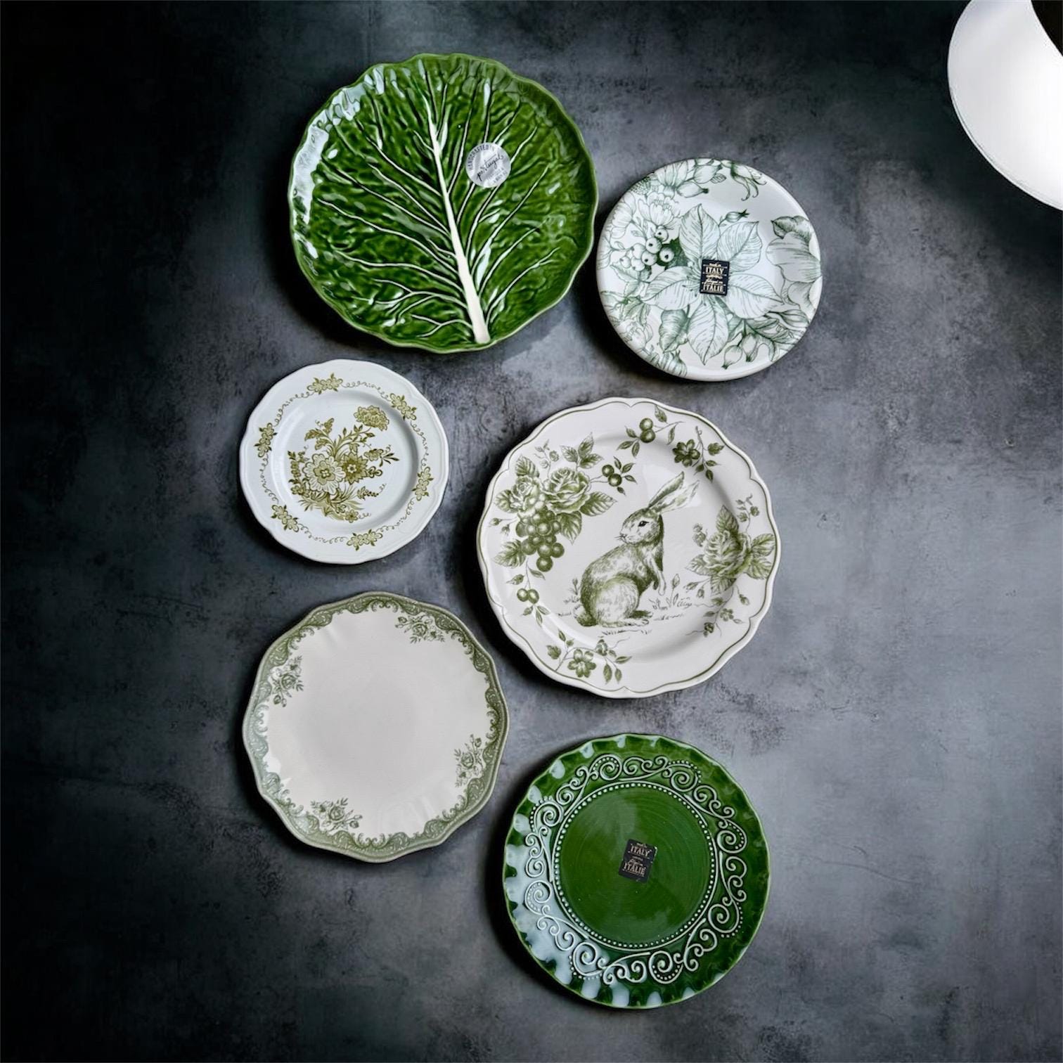 Curated Green Vintage Plate Collection – Botanical & Nature-Inspired Mix, front view