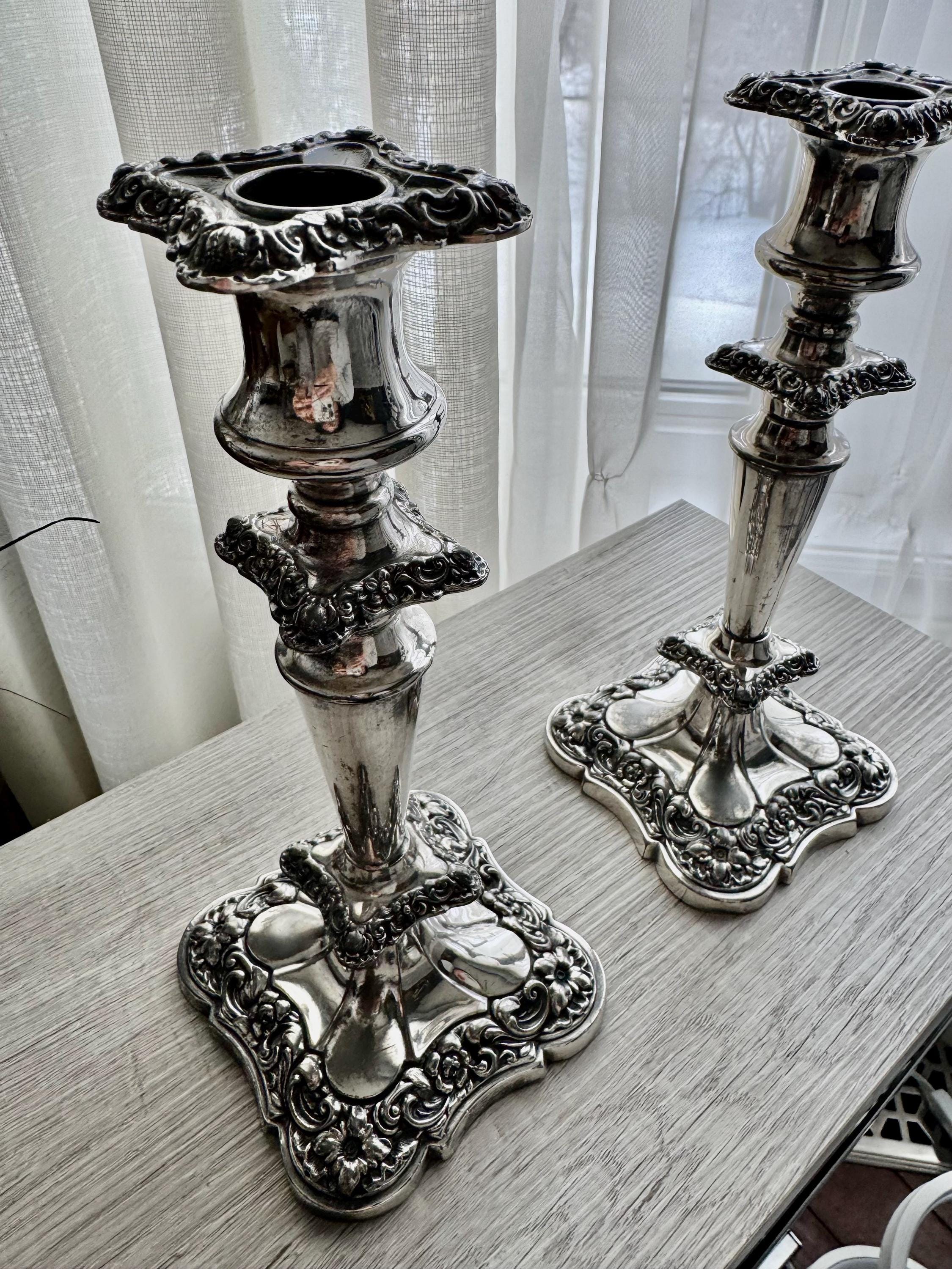 Elegant Silver-Plated Candle Holders – Tall 10” – Ornate Vintage Charm - Candlesticks, front view