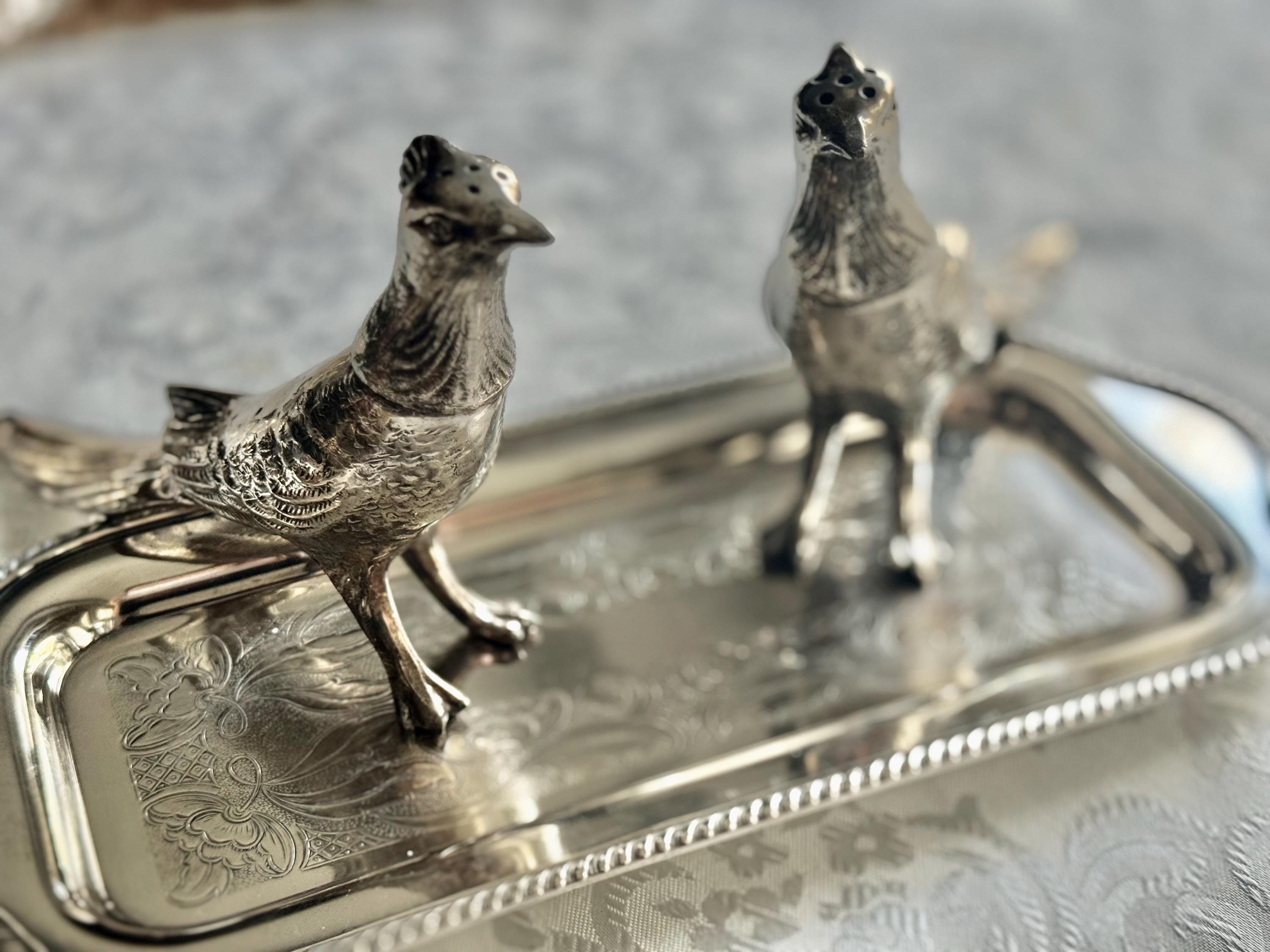 Exceptional & Rare Vintage Silverplate Pheasant Shakers — A Stunning Sculptural Pair — Silver Decor, front view