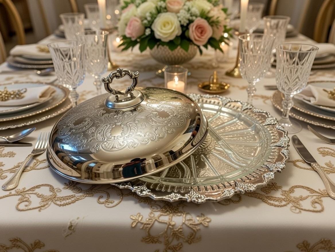 Fancy & Ornate Large Vintage Silver Plate Covered Dish with Glass Insert, Sheffield Reproduction, front view