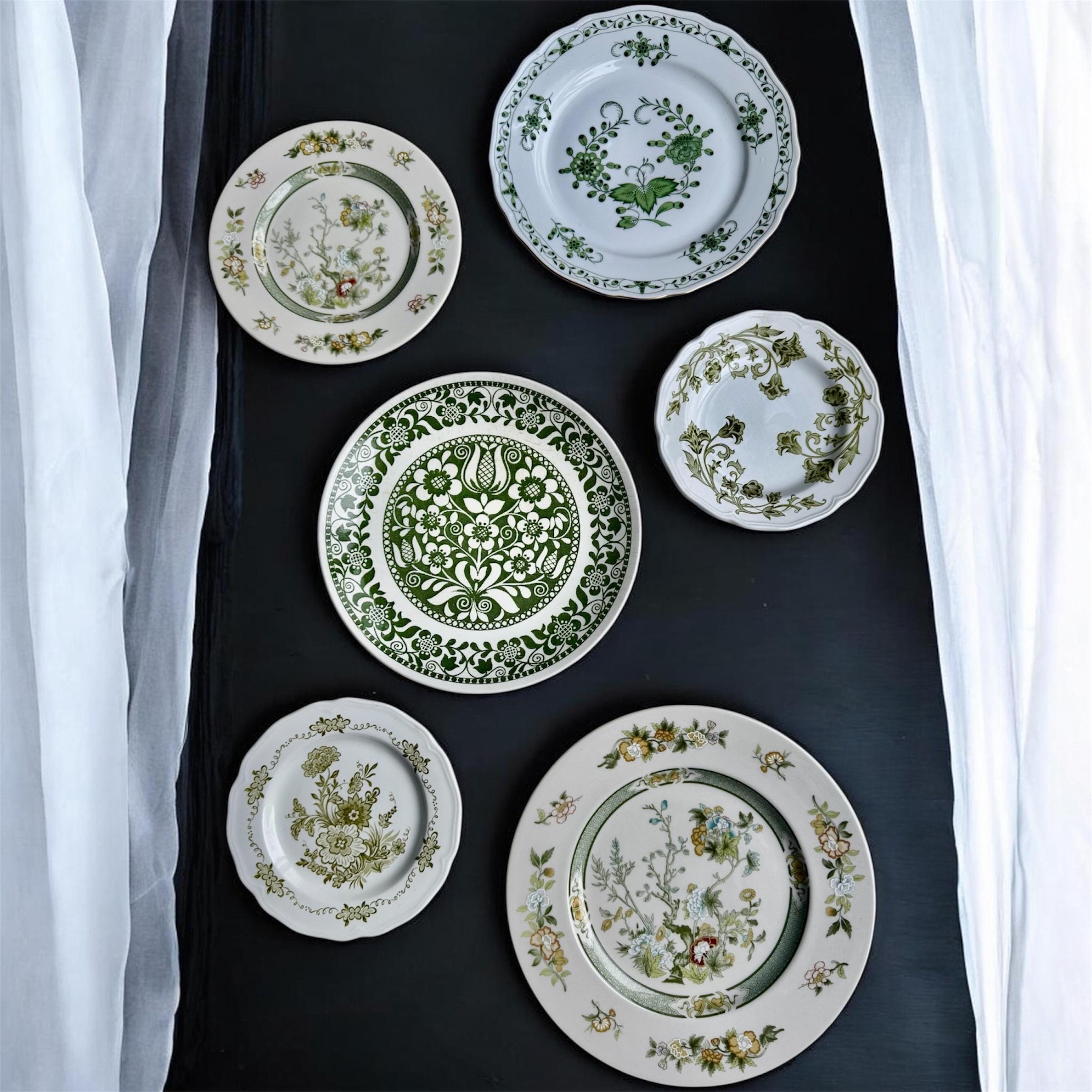Gallery Wall Mismatched Set - Floral Plates in Green - 6 Vintage Plates, front view