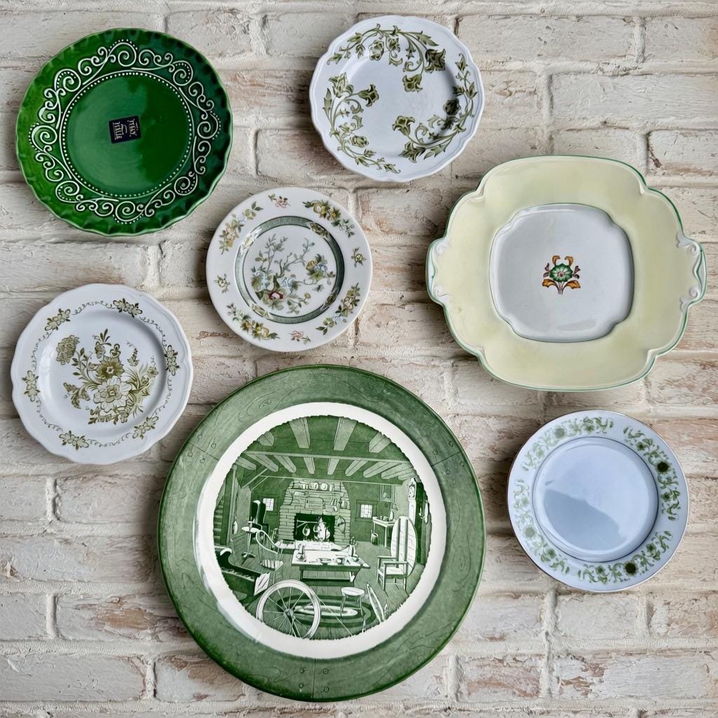 Gallery Wall Mismatched Set – Green Transferware – 7 Vintage Plates, front view