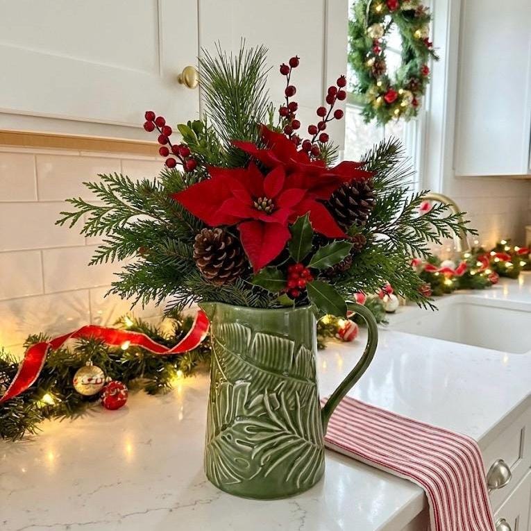 Green Ceramic Embossed Pitcher – Holiday Floral Display Vase - Made in Portugal, front view