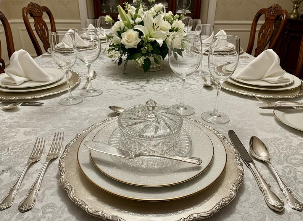 Heavy Crystal Butter Dish + Wallace Silver Lenox (1933) Master Butter Knife, front view
