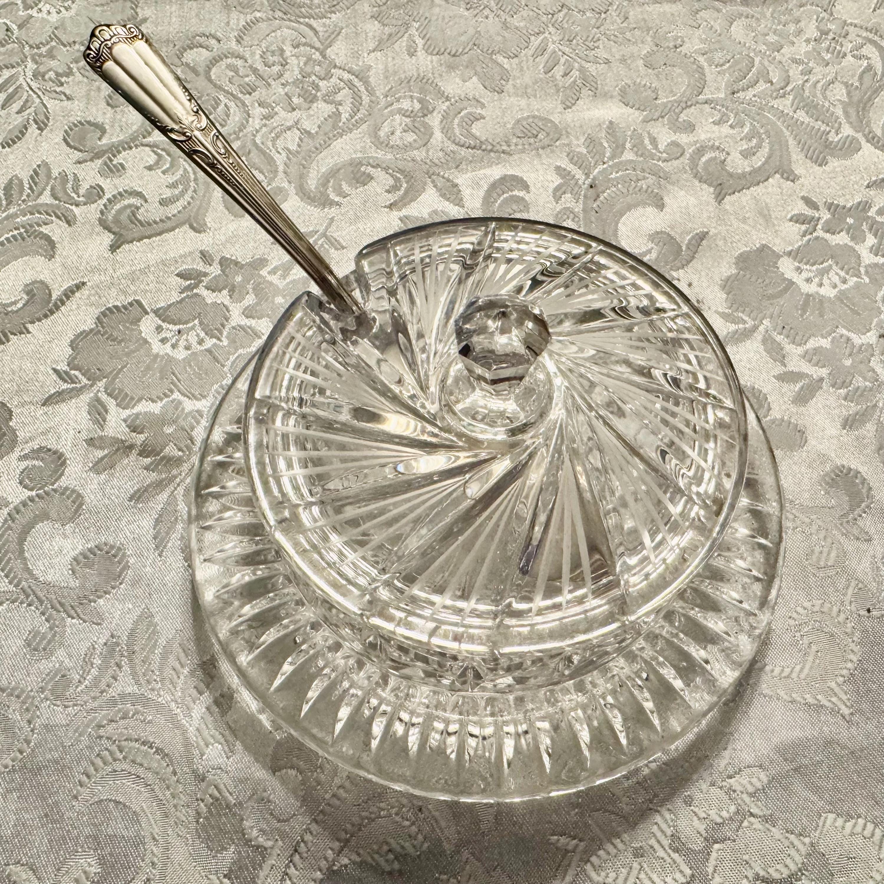 Heavy Crystal Butter Dish + Wallace Silver Lenox (1933) Master Butter Knife, detail view 1