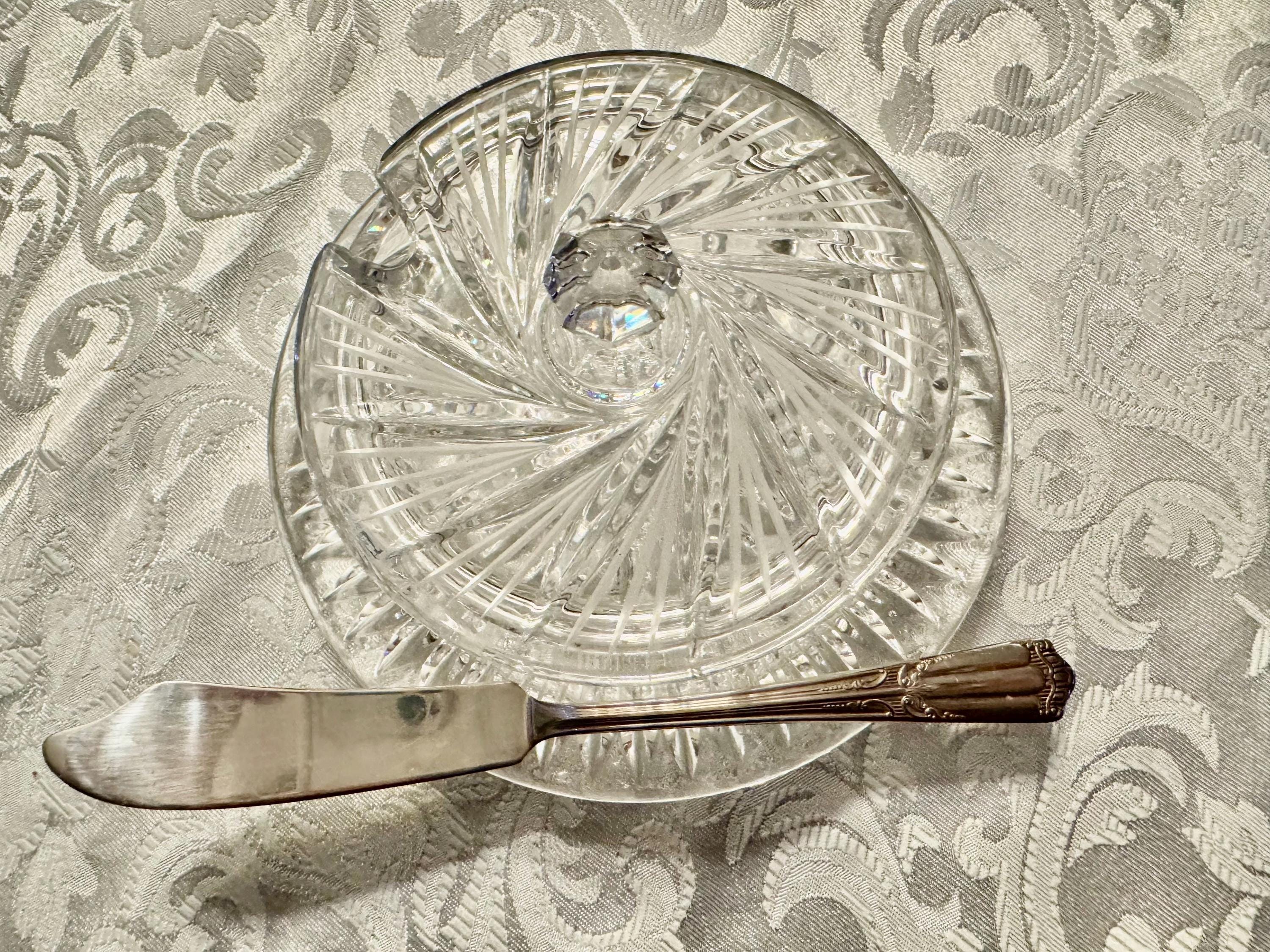 Heavy Crystal Butter Dish + Wallace Silver Lenox (1933) Master Butter Knife, detail view 2