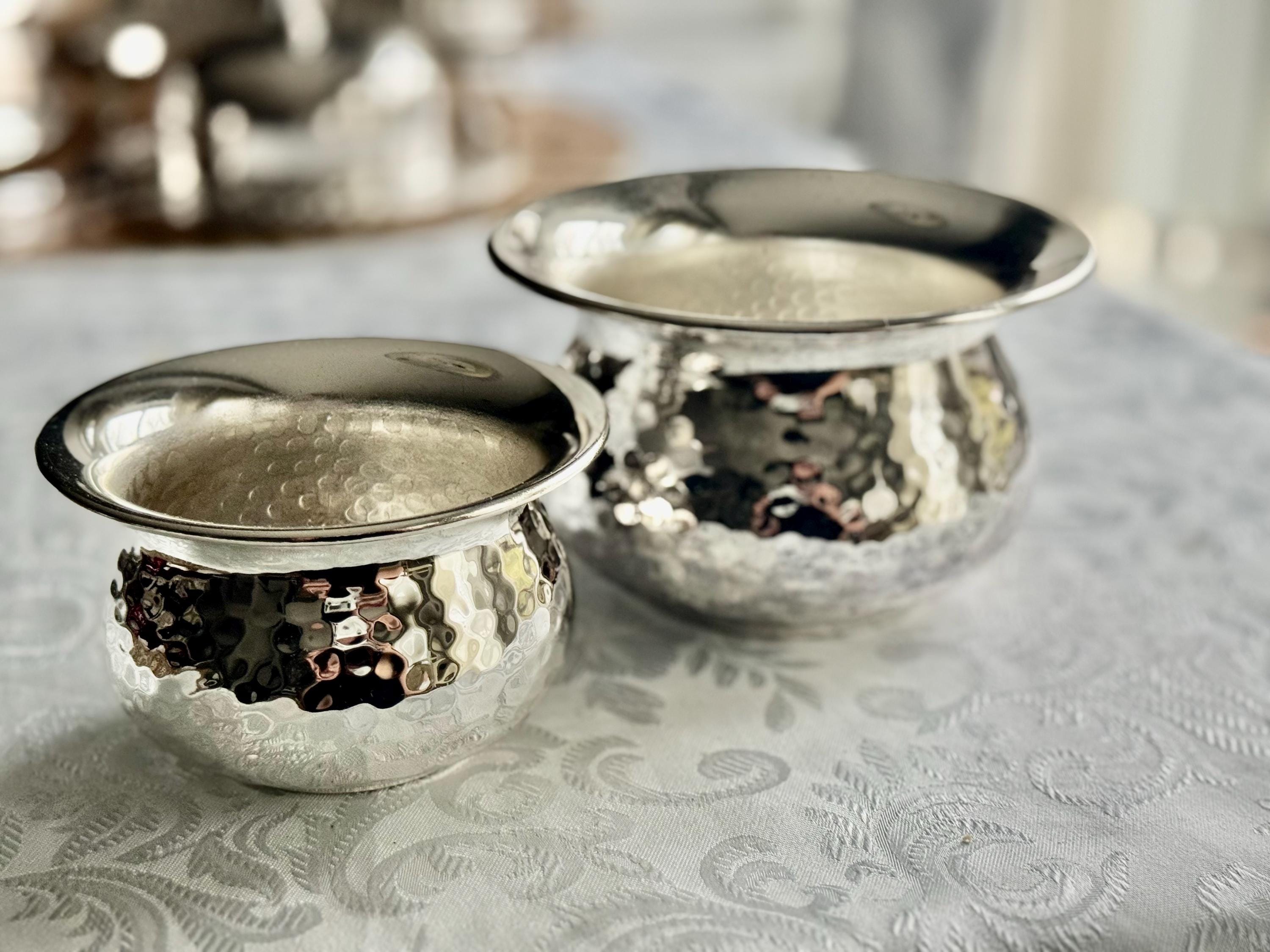 Italian Hammered Silverplate Bowls or Planters — Polished Reflective Vintage Pair, front view