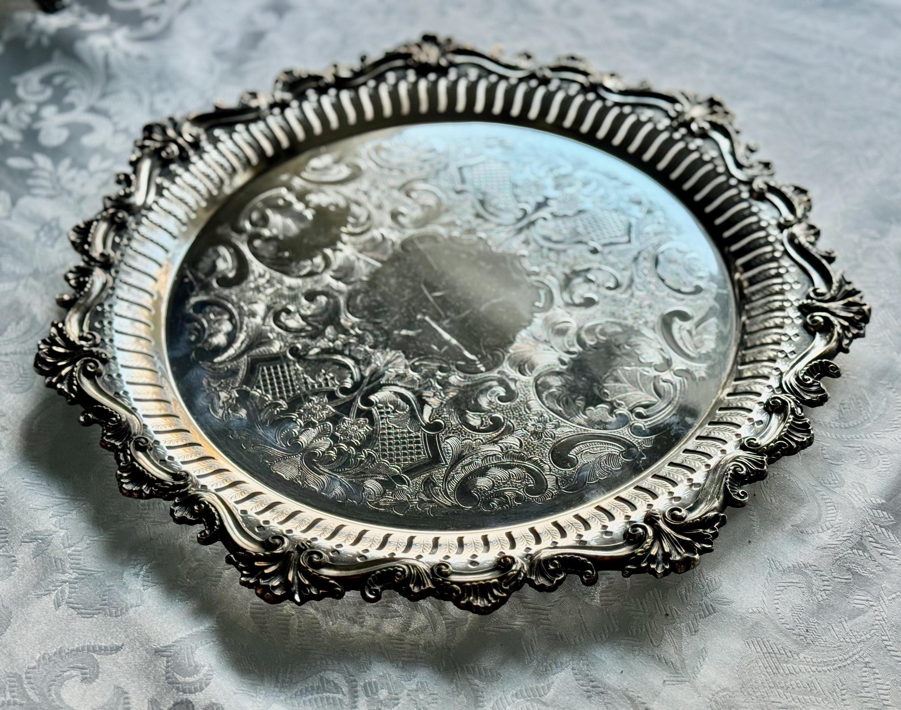 Large Heavy Vintage Silverplate Ornate Engraved Round Serving Tray, front view