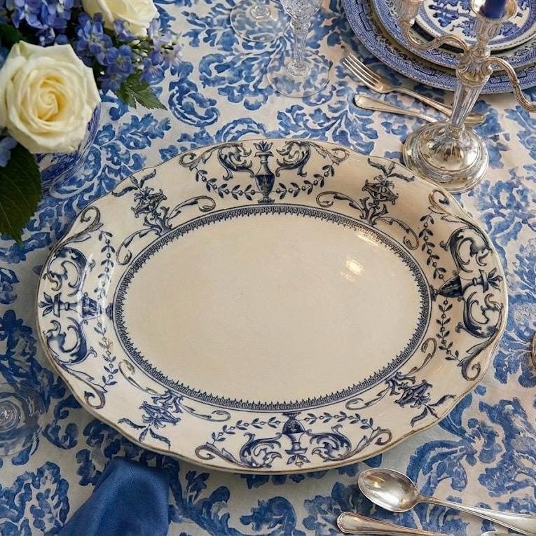 Large Impressive Antique W. Adams Co. “Vase” –  English Semi-Porcelain Blue & White Oval Serving Platter, front view