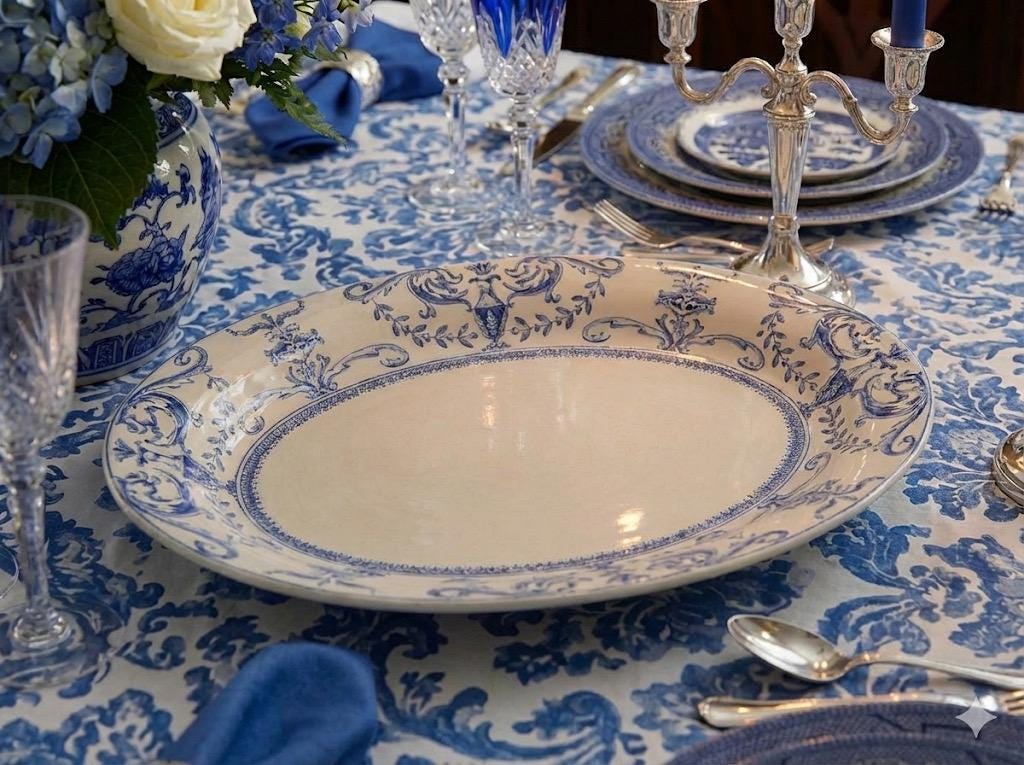 Large Impressive Antique W. Adams Co. “Vase” –  English Semi-Porcelain Blue & White Oval Serving Platter, detail view 1