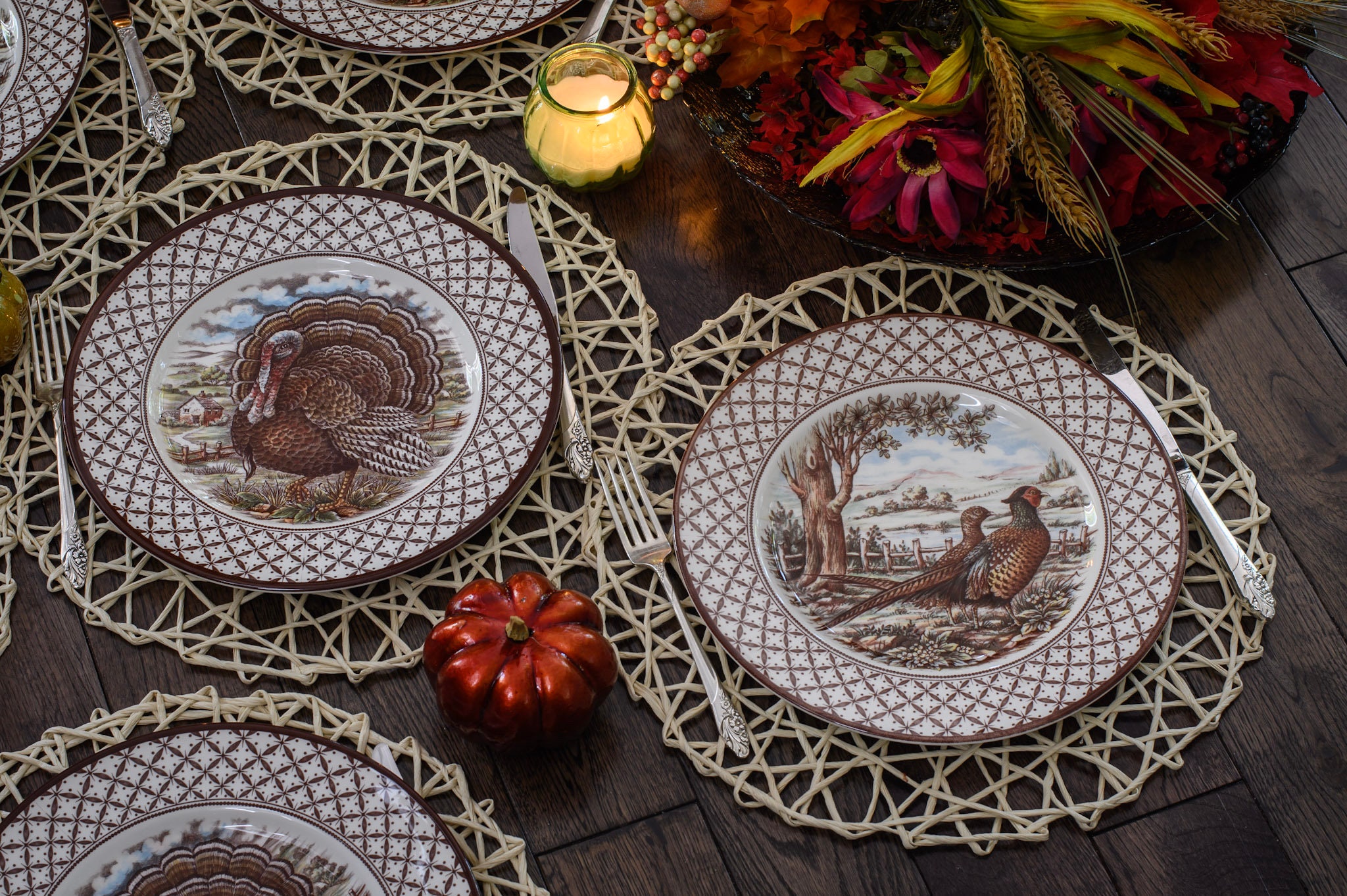 New Transferware Fall Thanksgiving Theme - Dinner Plates 11” - Chantilly Royal Stafford - Made in England, front view