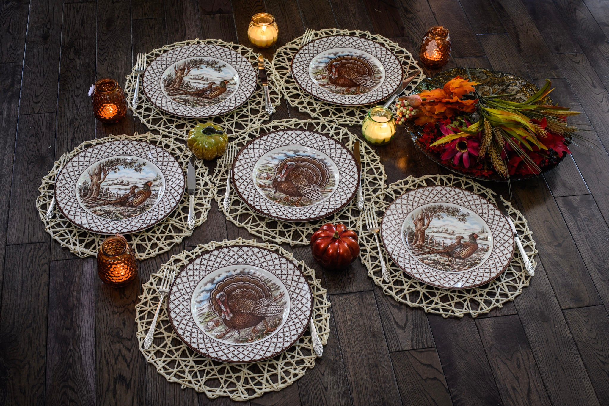 New Transferware Fall Thanksgiving Theme - Dinner Plates 11” - Chantilly Royal Stafford - Made in England, detail view 3