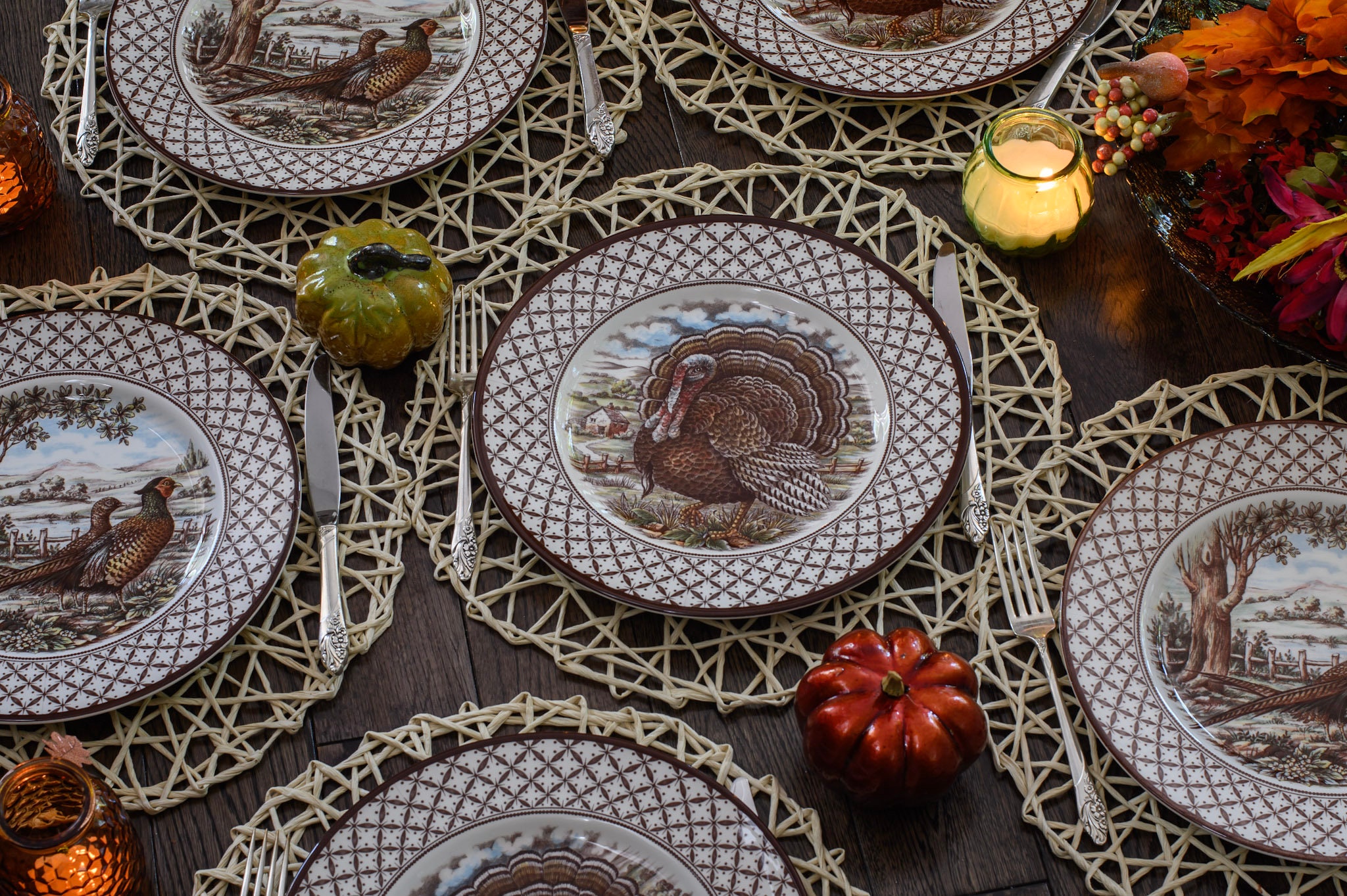 New Transferware Fall Thanksgiving Theme - Dinner Plates 11” - Chantilly Royal Stafford - Made in England, detail view 5