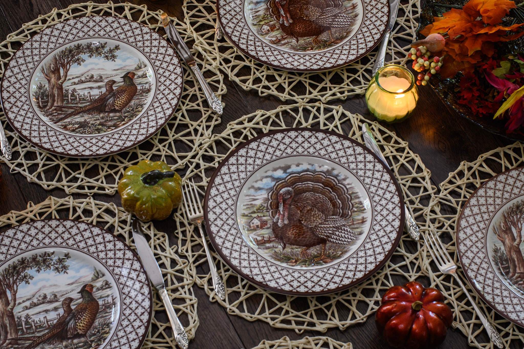 New Transferware Fall Thanksgiving Theme - Dinner Plates 11” - Chantilly Royal Stafford - Made in England, detail view 6