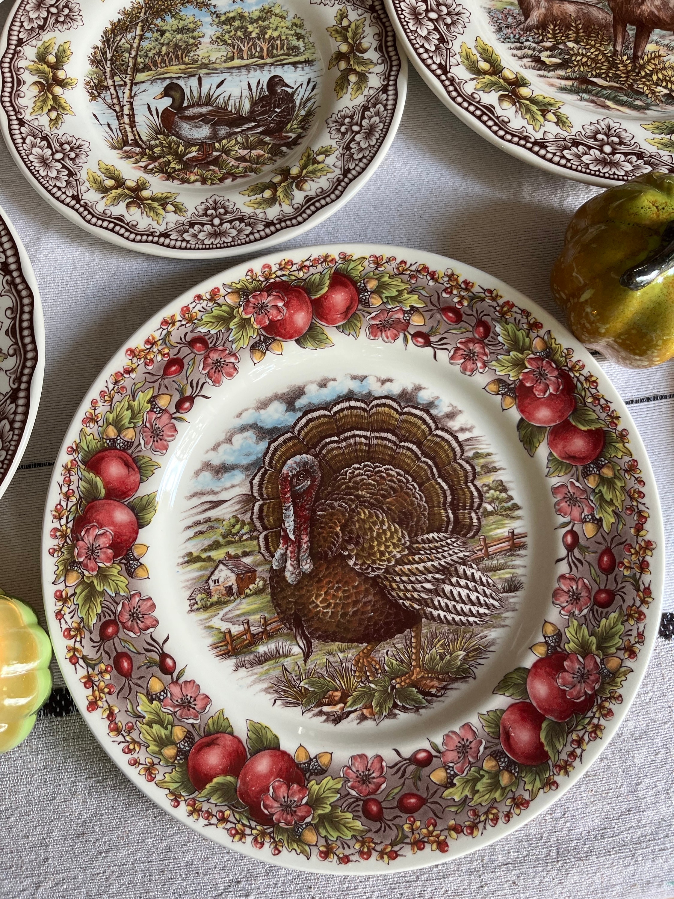 New Transferware Fall Thanksgiving Theme - Dinner Plates 11” - Royal Stafford - Made in England, front view
