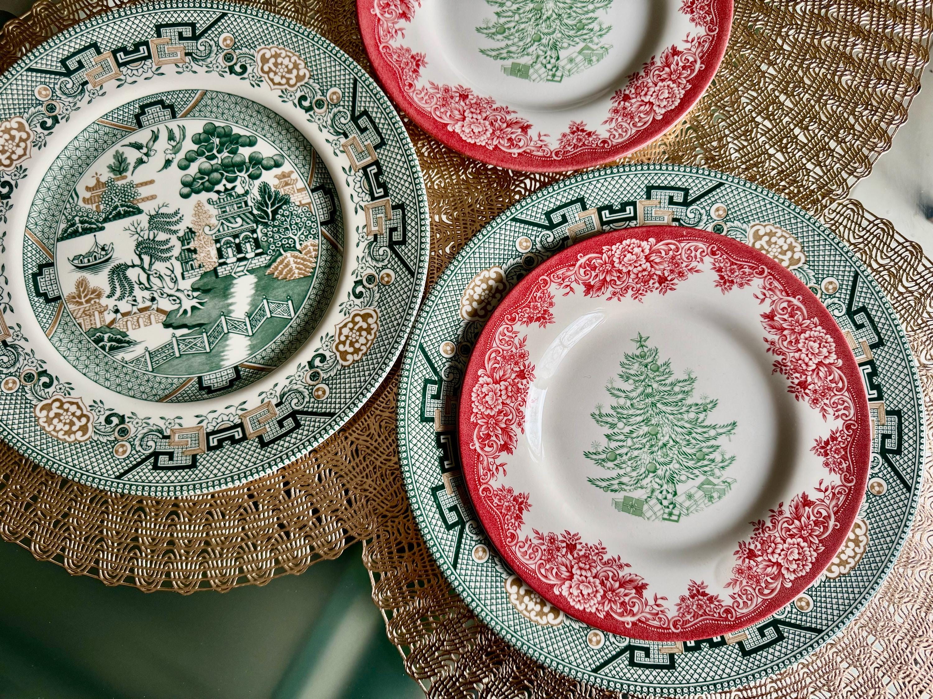 New Vintage Style Transferware - Christmas Dinner for Two - Green Willow & Christmas Tree - Royal Stafford England, front view