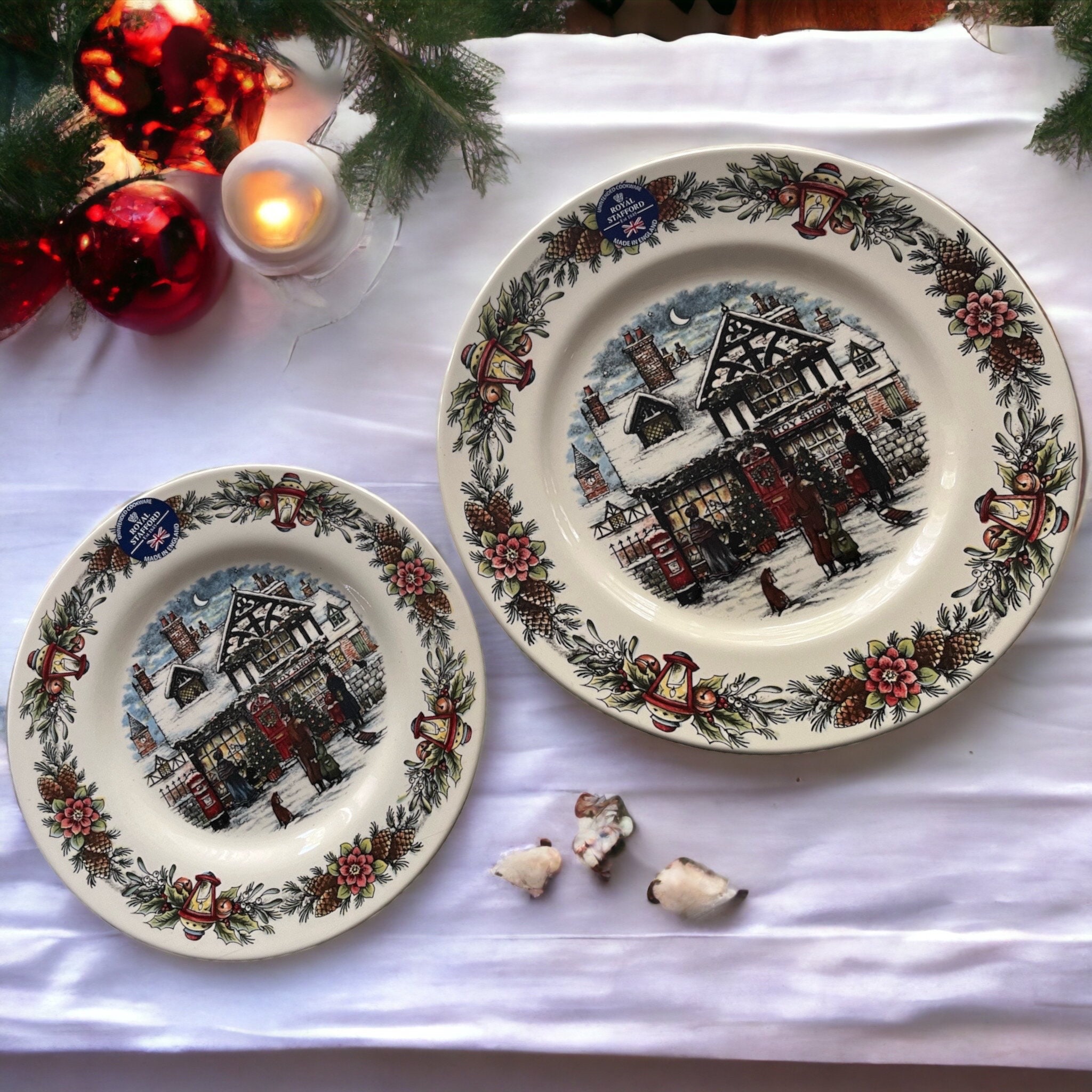 New Vintage Style Transferware - Christmas Toy Shop - Dinner or Snack Plates - Royal Stafford England, front view