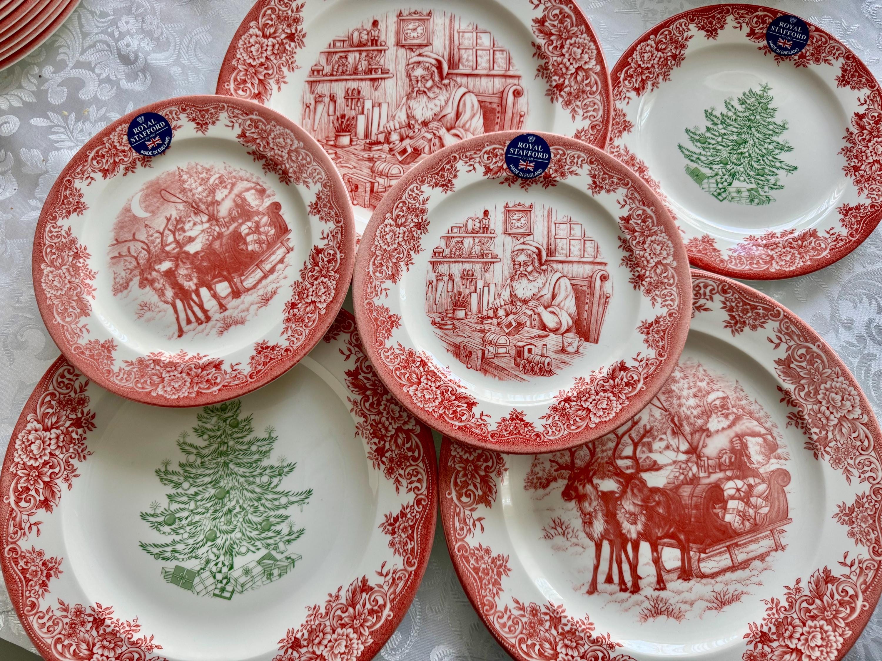 New Vintage Style Transferware - Red Christmas Plates - Christmas Eve Santa - Royal Stafford England, front view