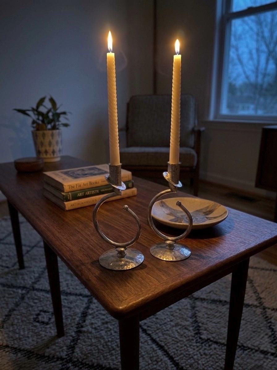 Postmodern Silver Plated Candle Holders – Sculptural Loop Design – Mid-Century Modern Pair, detail view 1