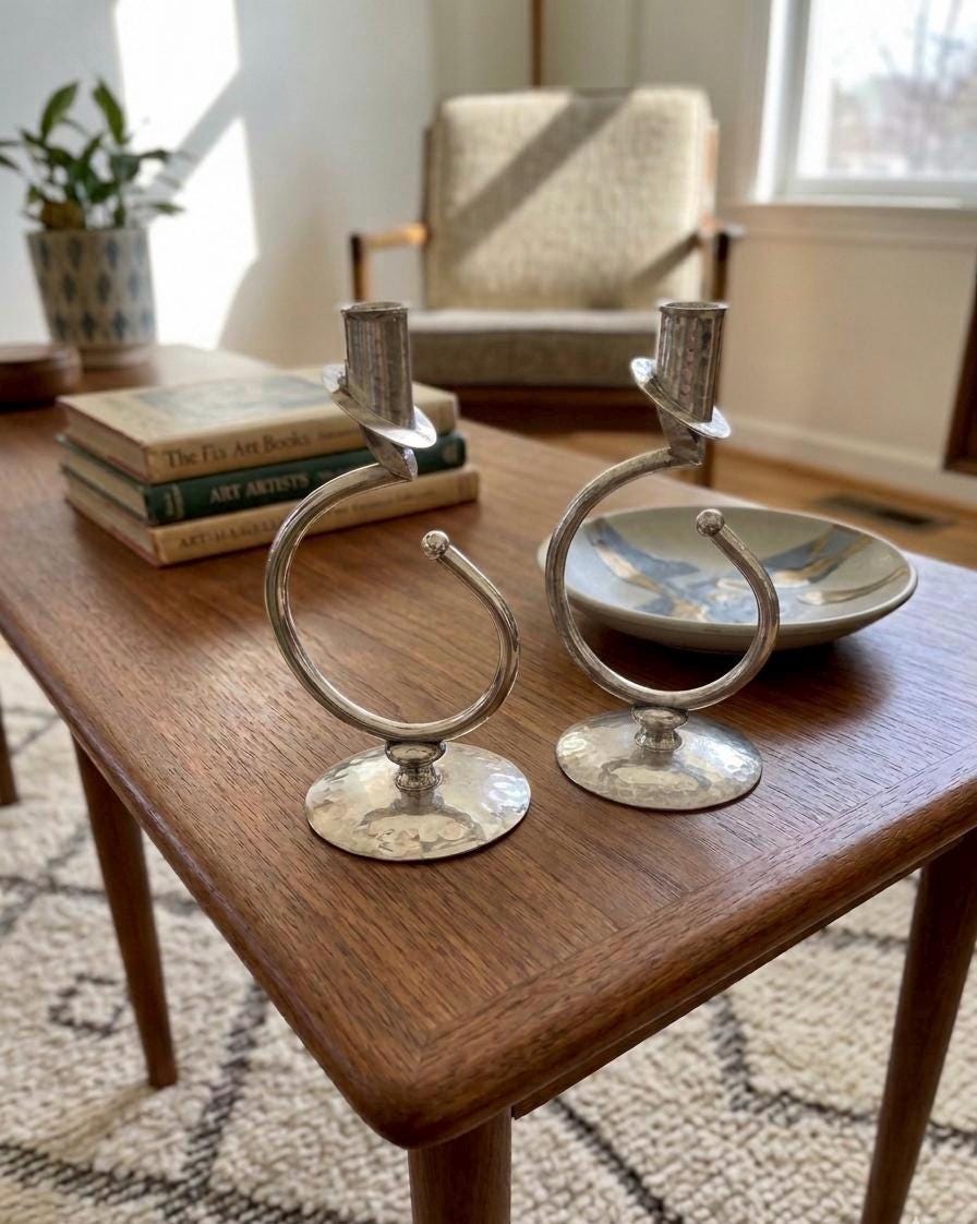 Postmodern Silver Plated Candle Holders – Sculptural Loop Design – Mid-Century Modern Pair, detail view 2