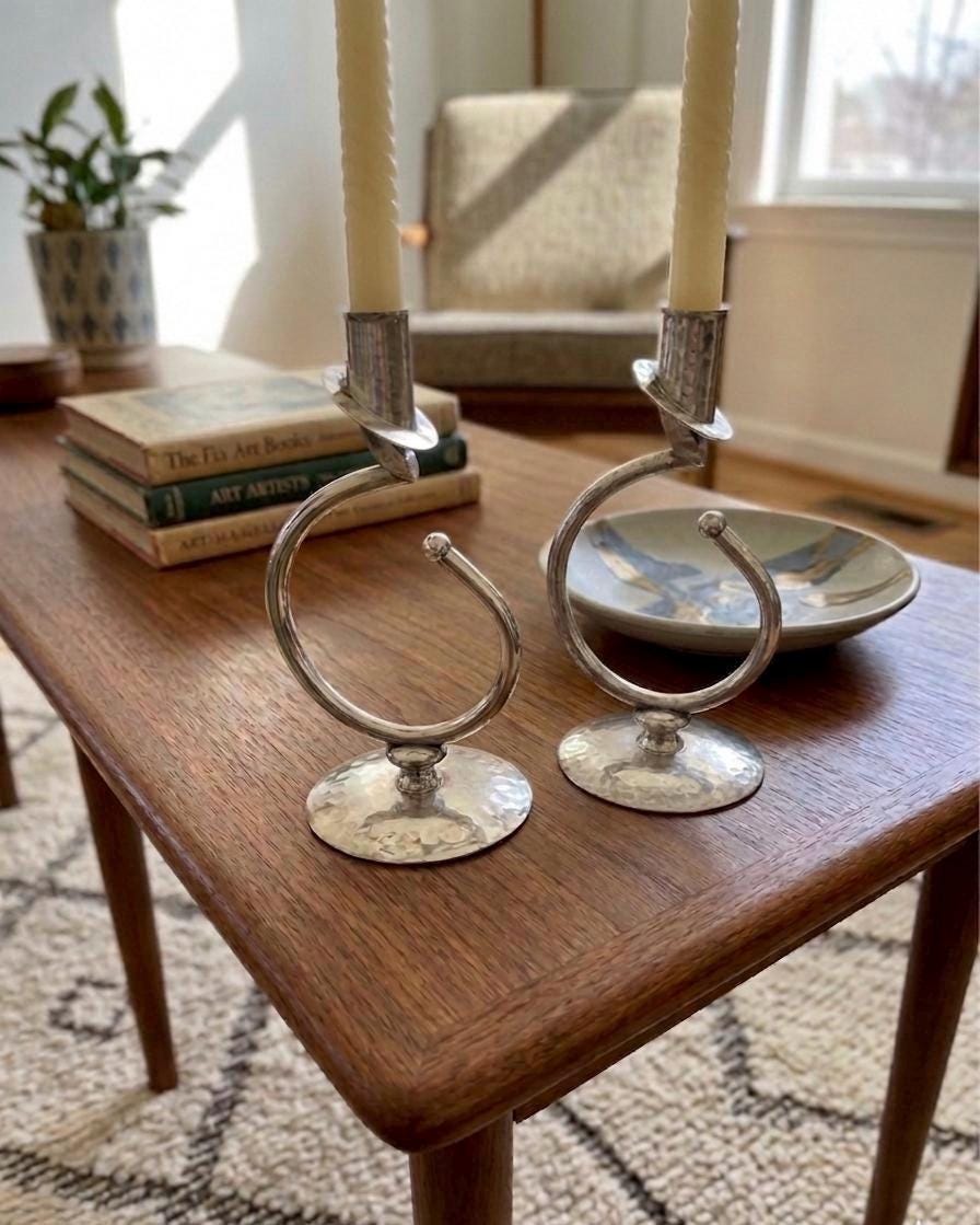 Postmodern Silver Plated Candle Holders – Sculptural Loop Design – Mid-Century Modern Pair, detail view 3
