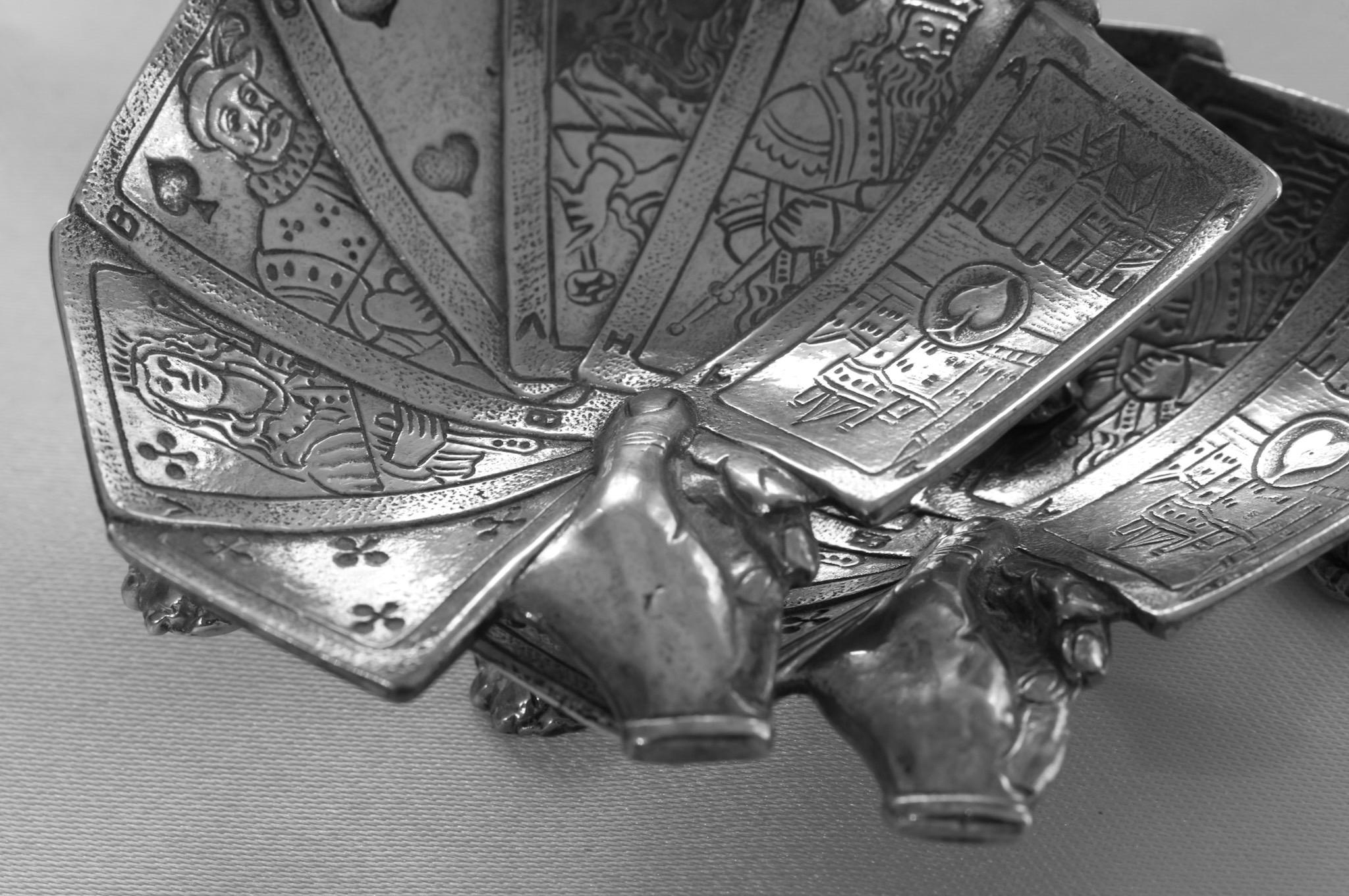Rare Mid-Century European Sculptural Silver-Plated Playing Card Ashtrays — Pair — c.1950s, front view