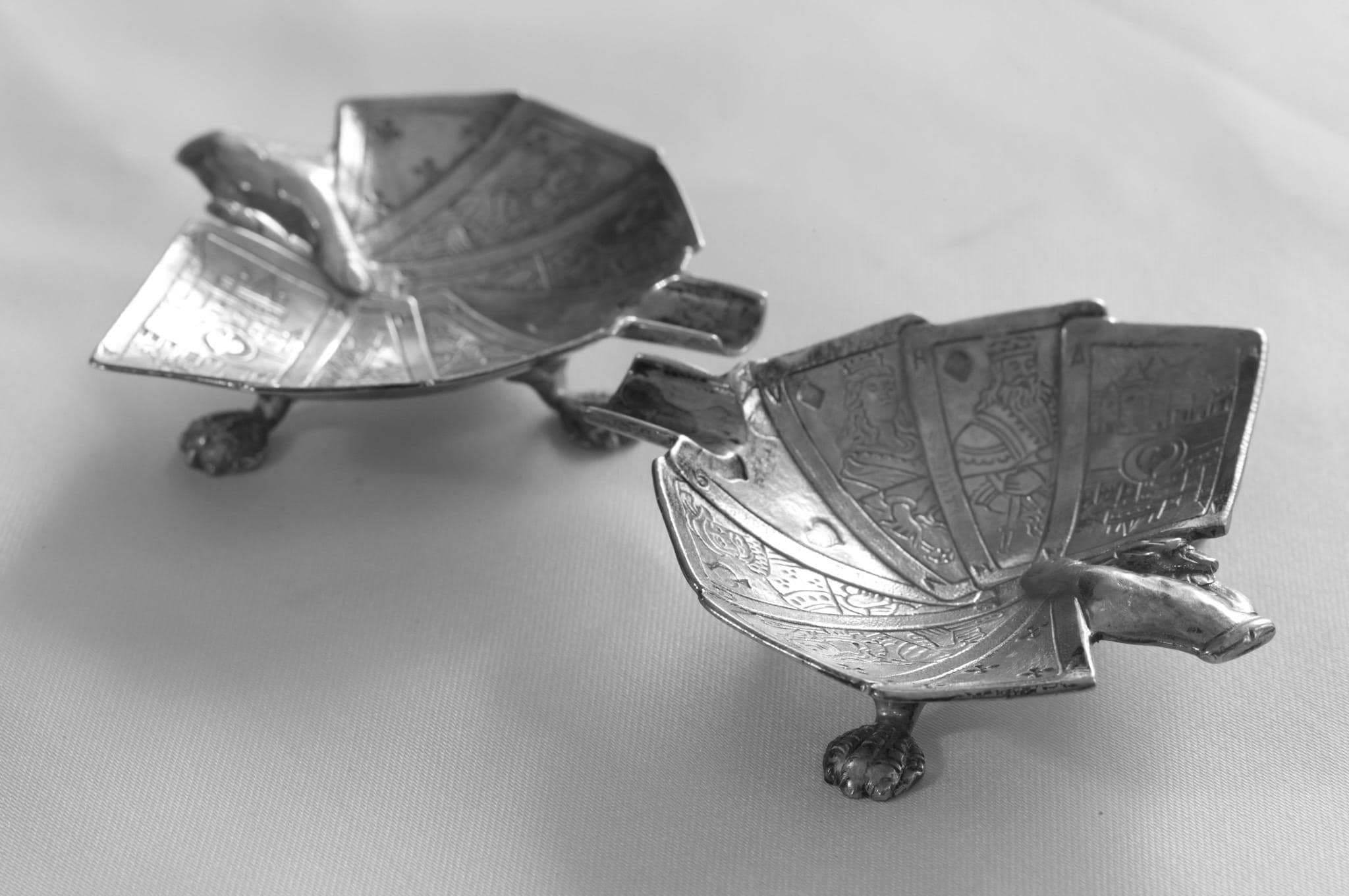 Rare Mid-Century European Sculptural Silver-Plated Playing Card Ashtrays — Pair — c.1950s, detail view 9