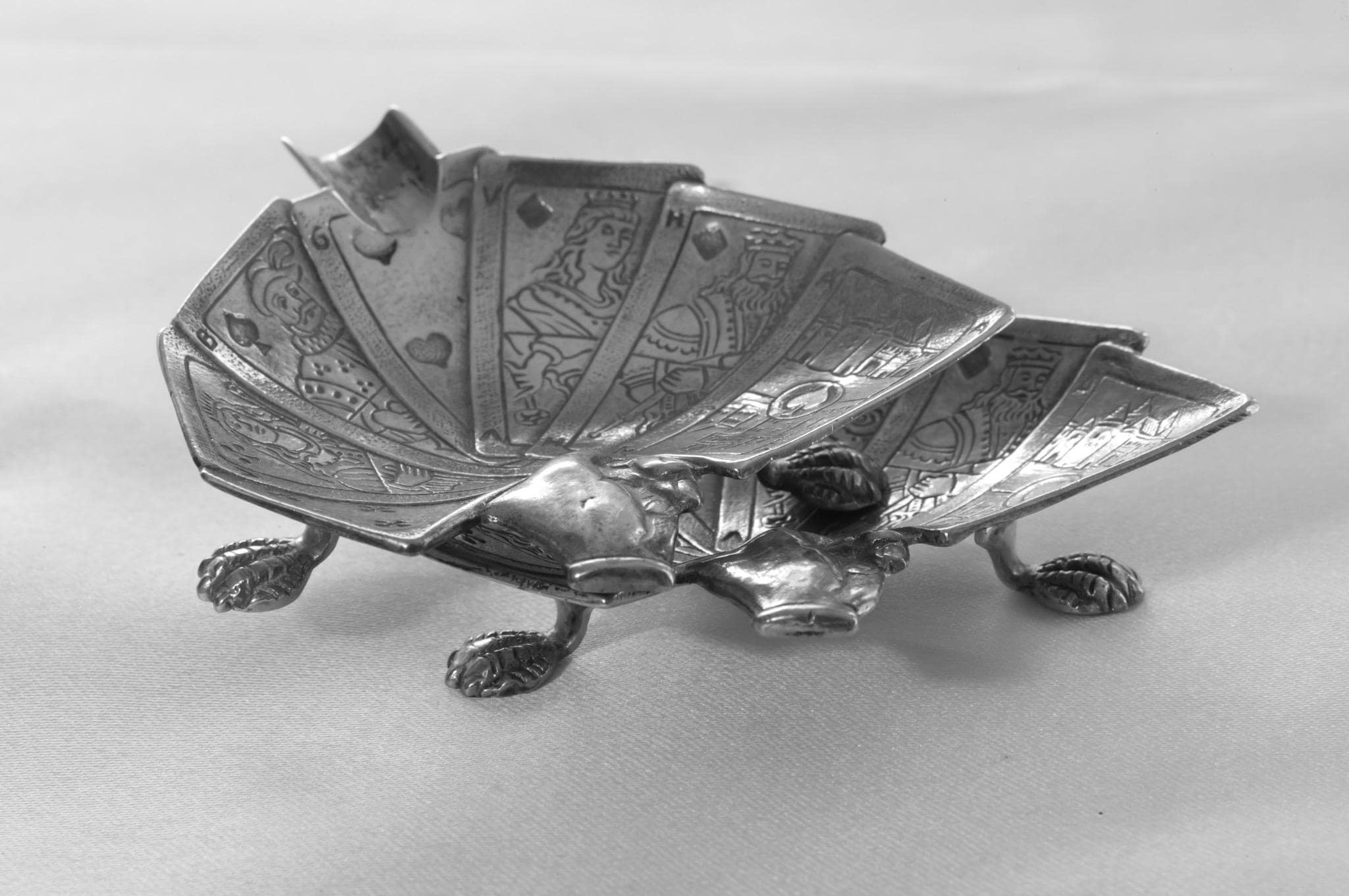 Rare Mid-Century European Sculptural Silver-Plated Playing Card Ashtrays — Pair — c.1950s, detail view 1