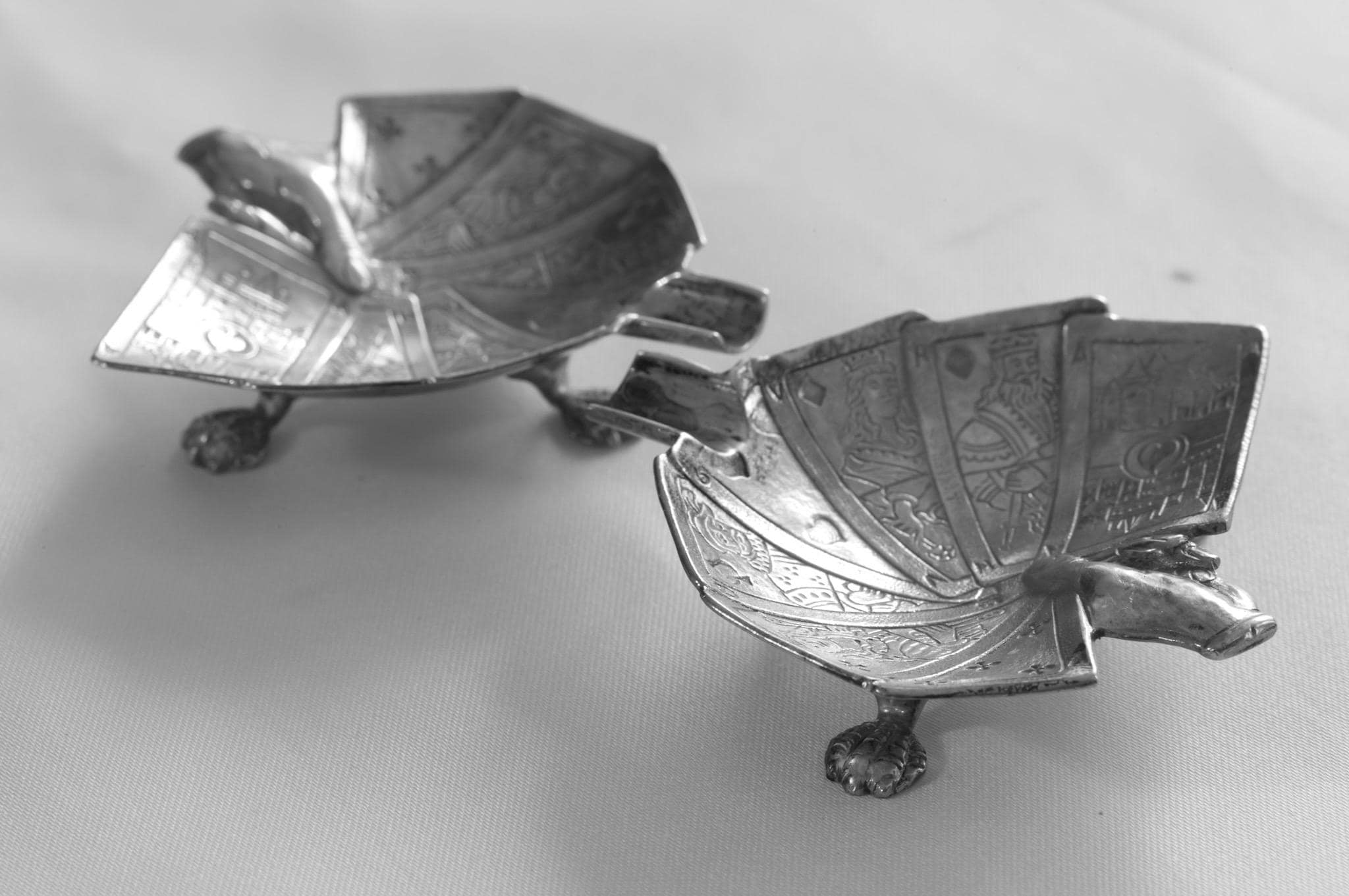 Rare Mid-Century European Sculptural Silver-Plated Playing Card Ashtrays — Pair — c.1950s, detail view 2