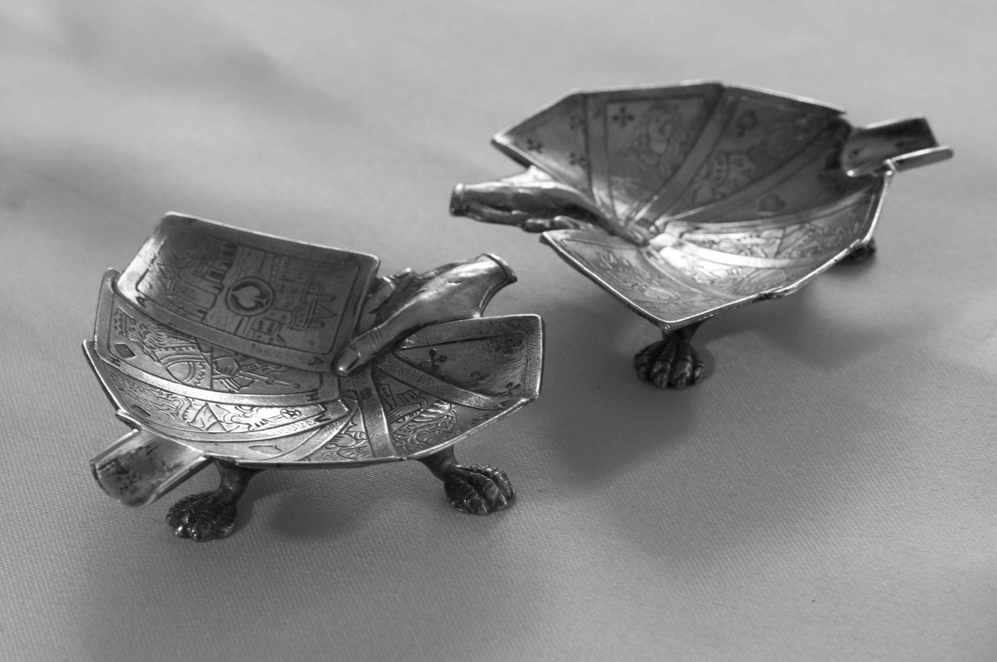 Rare Mid-Century European Sculptural Silver-Plated Playing Card Ashtrays — Pair — c.1950s, detail view 3