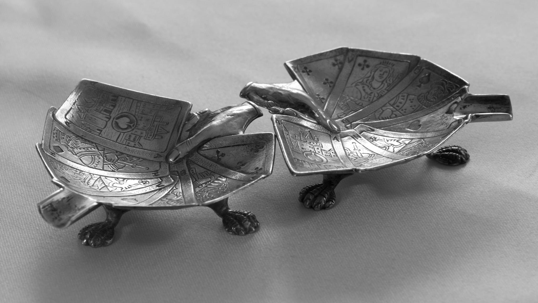 Rare Mid-Century European Sculptural Silver-Plated Playing Card Ashtrays — Pair — c.1950s, detail view 4