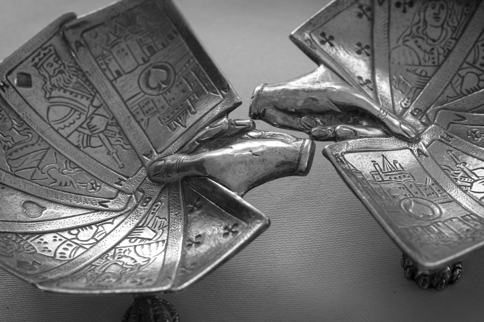 Rare Mid-Century European Sculptural Silver-Plated Playing Card Ashtrays — Pair — c.1950s, detail view 5