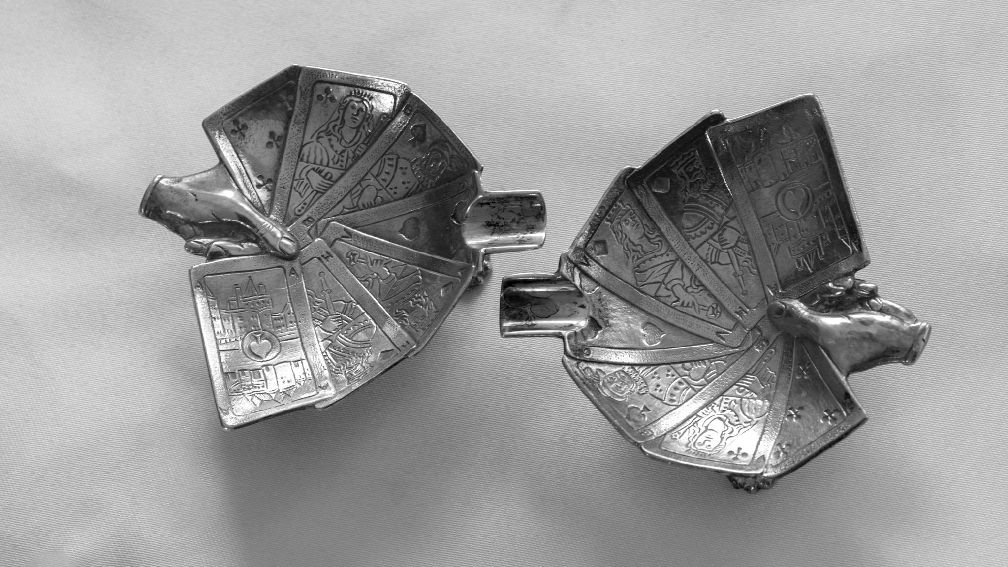 Rare Mid-Century European Sculptural Silver-Plated Playing Card Ashtrays — Pair — c.1950s, detail view 6