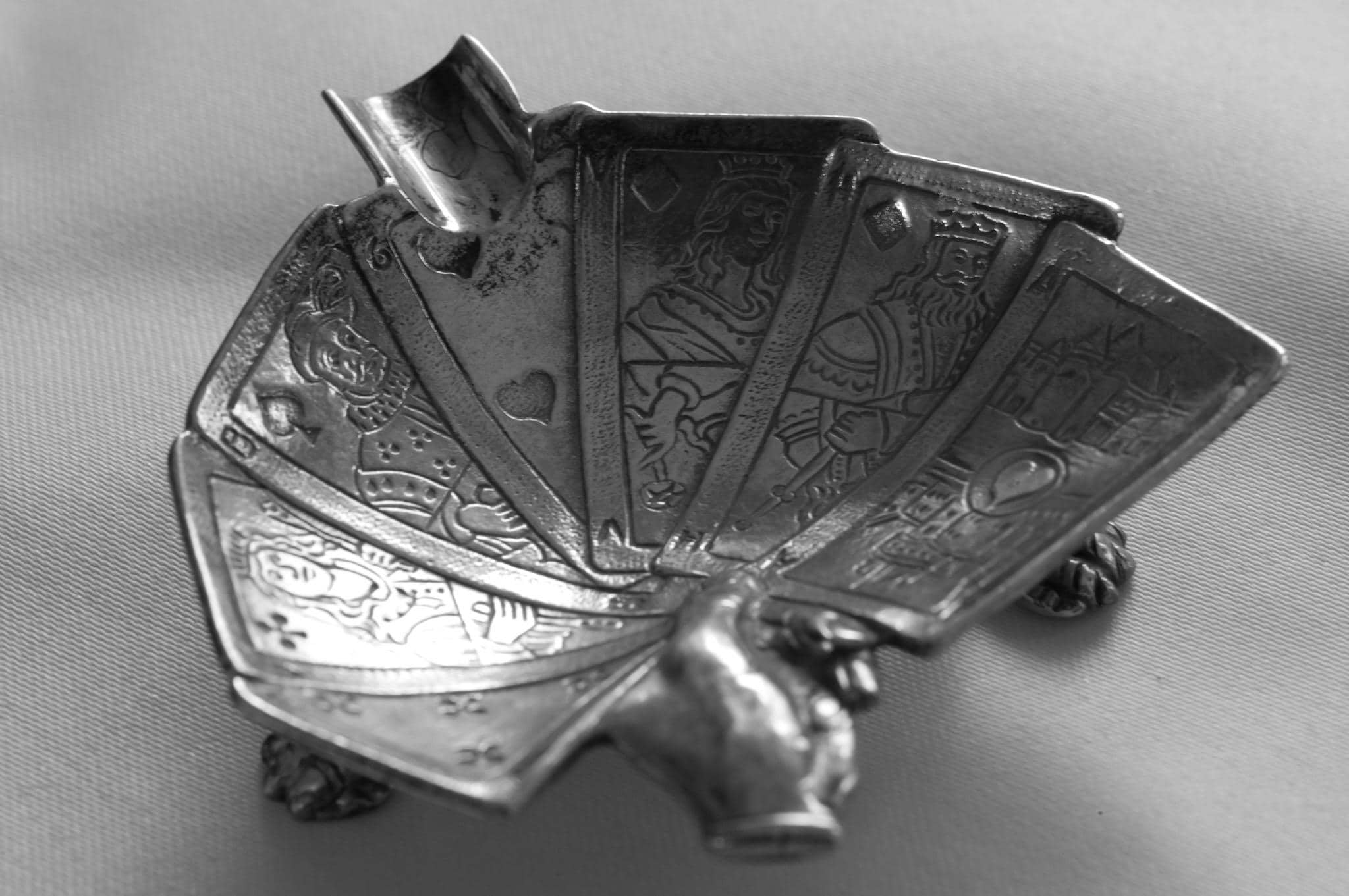 Rare Mid-Century European Sculptural Silver-Plated Playing Card Ashtrays — Pair — c.1950s, detail view 7