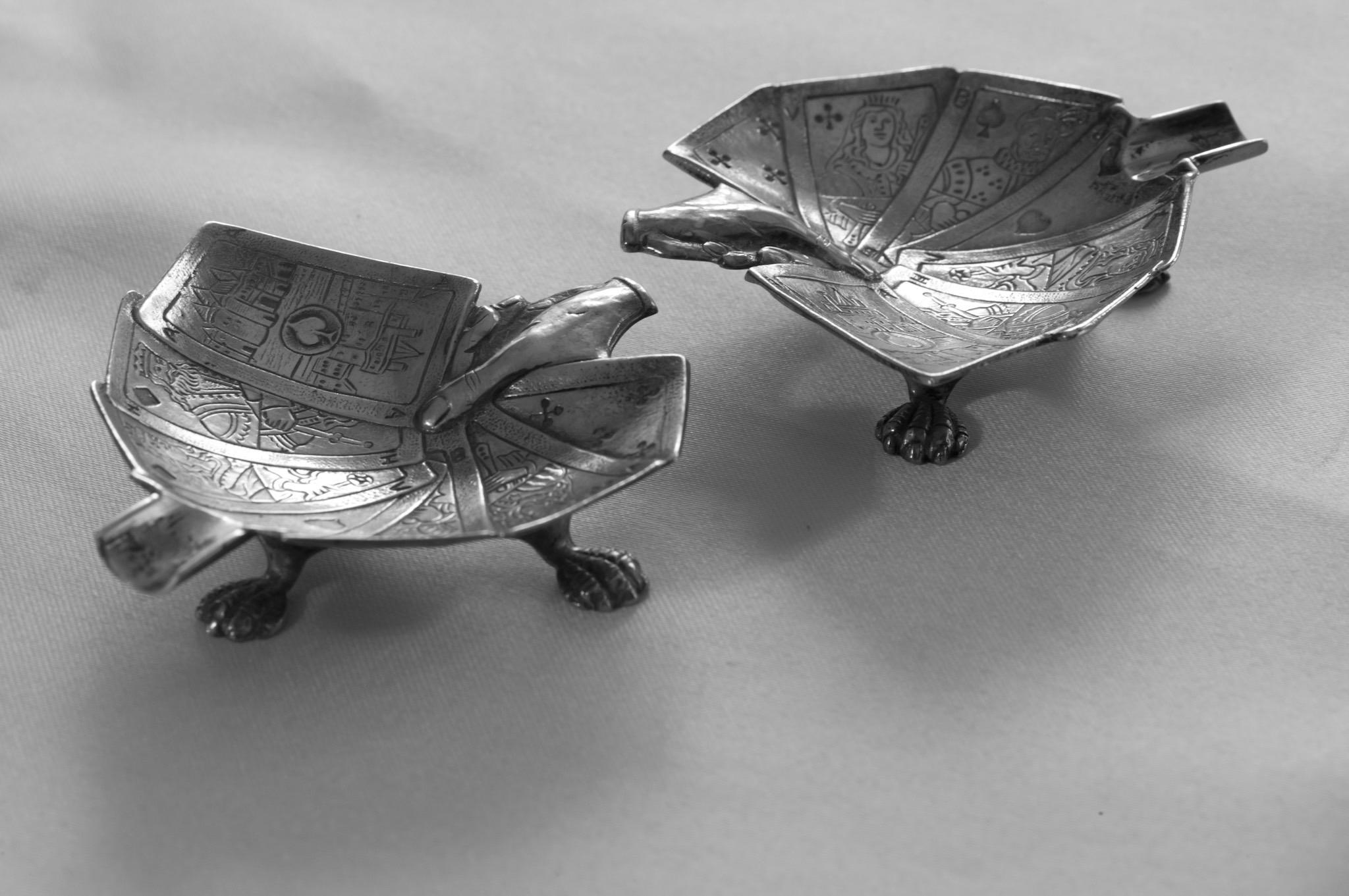 Rare Mid-Century European Sculptural Silver-Plated Playing Card Ashtrays — Pair — c.1950s, detail view 8