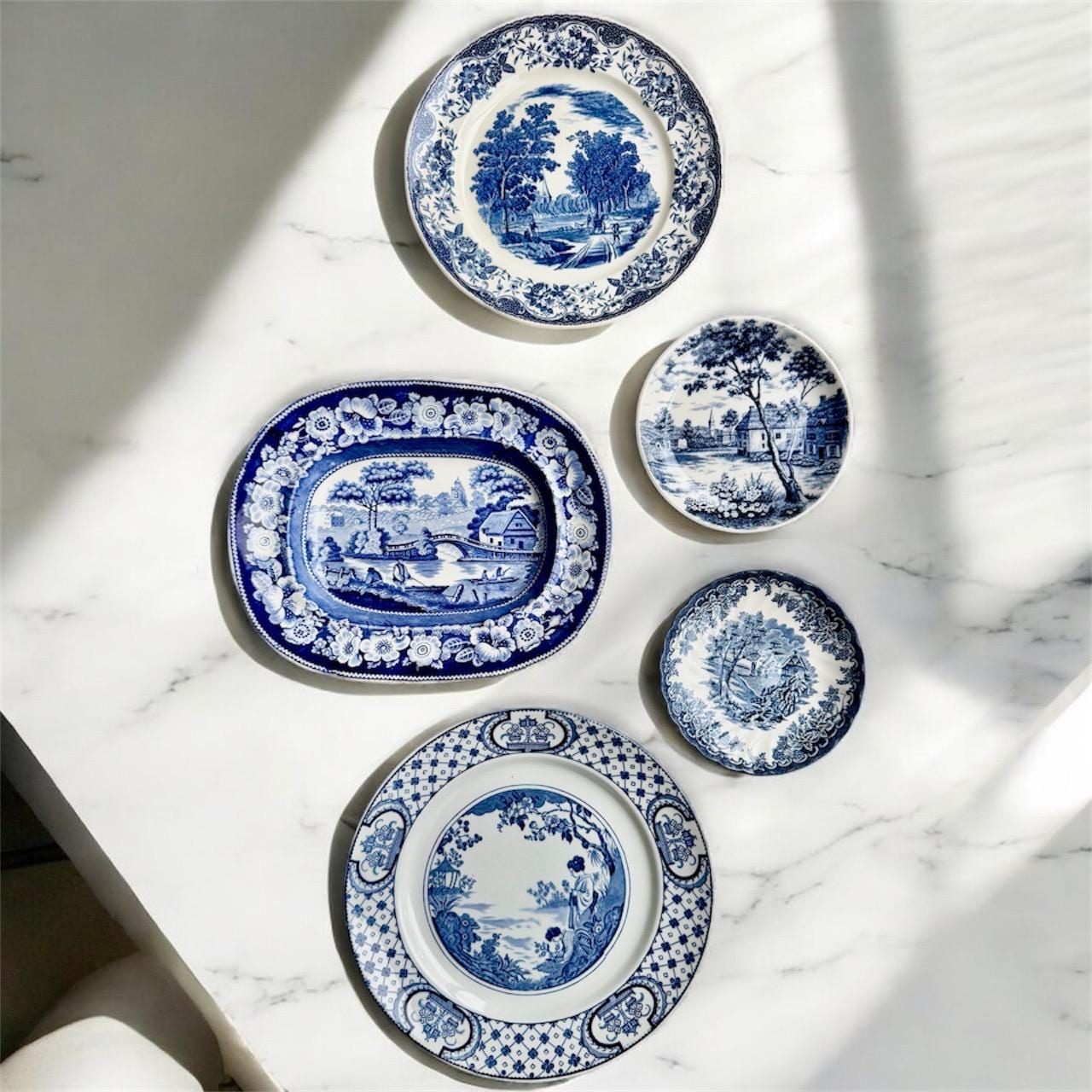 Rare Unique Antique Blue & White Transferware Wall Plate Collection – 5-Piece Assortment, front view