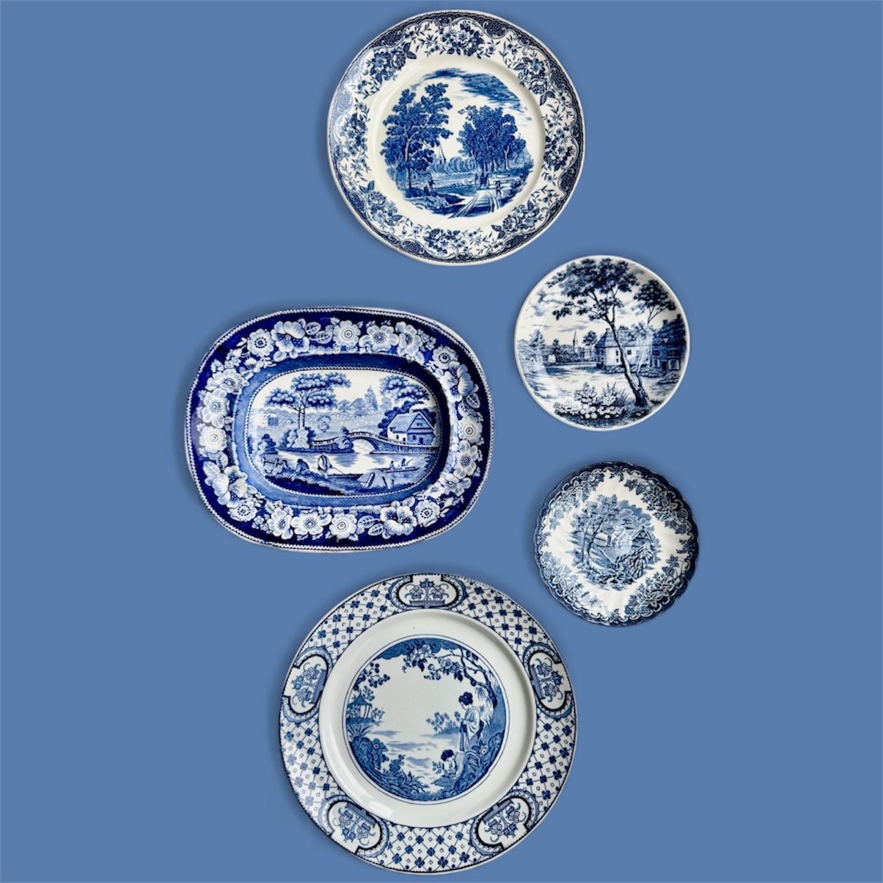 Rare Unique Antique Blue & White Transferware Wall Plate Collection – 5-Piece Assortment, detail view 1