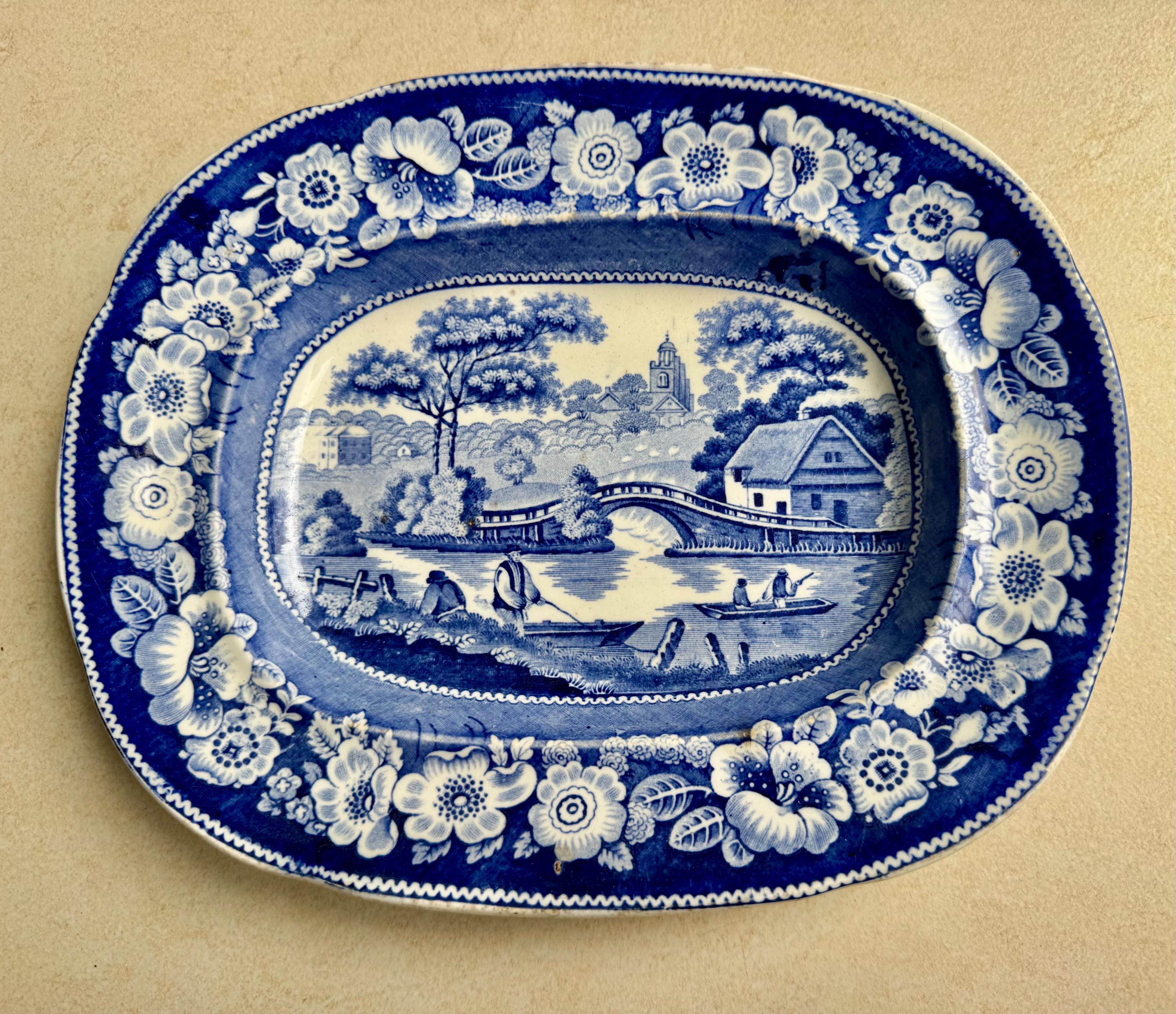 Rare Unique Antique Blue & White Transferware Wall Plate Collection – 5-Piece Assortment, detail view 2