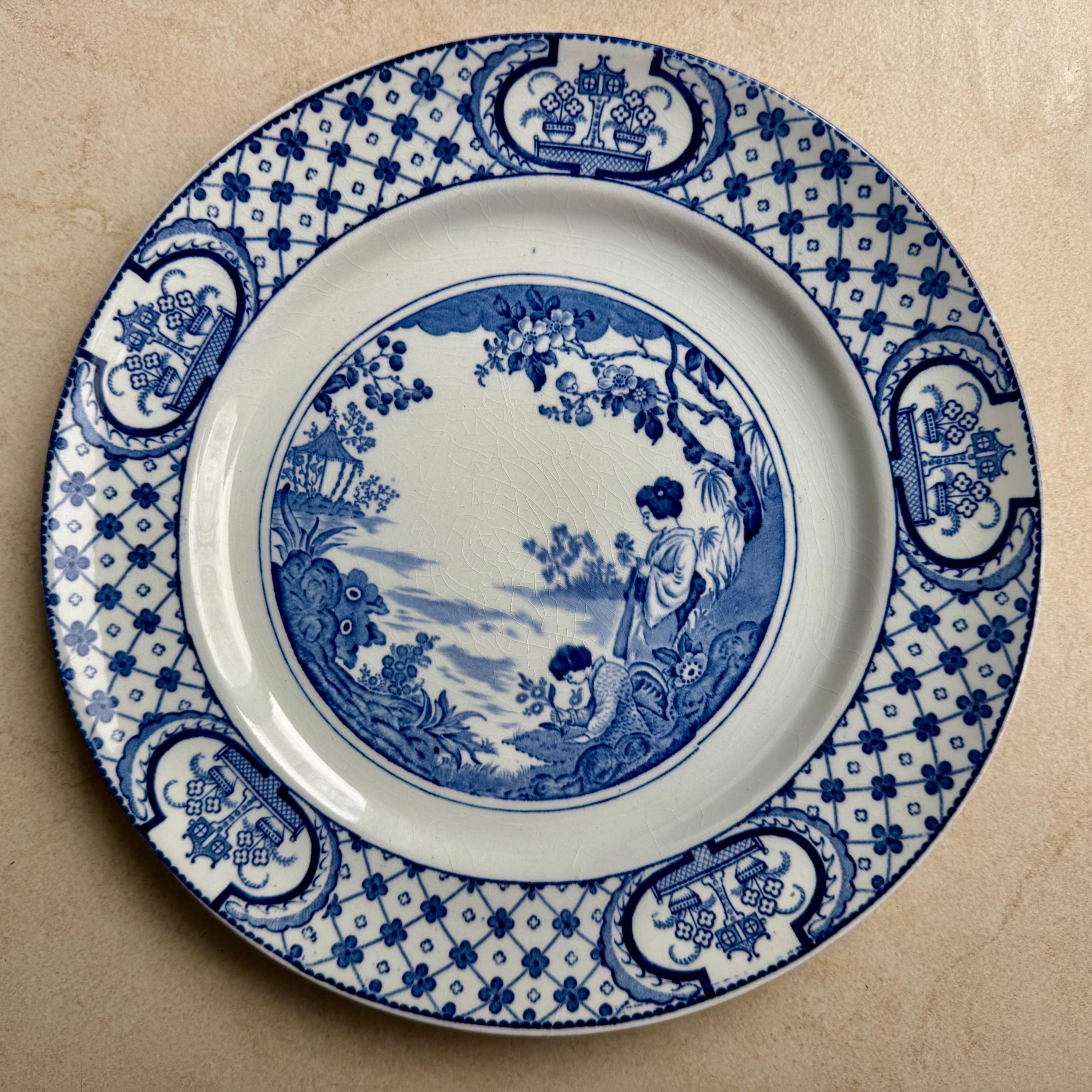 Rare Unique Antique Blue & White Transferware Wall Plate Collection – 5-Piece Assortment, detail view 4