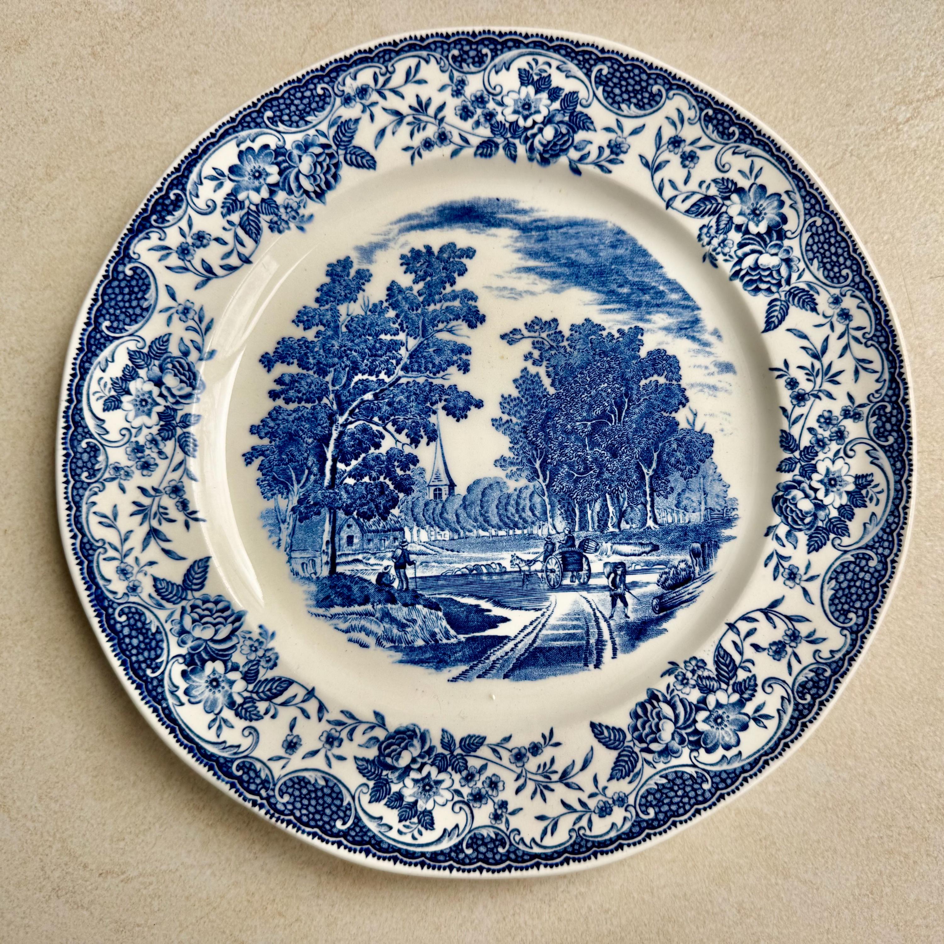 Rare Unique Antique Blue & White Transferware Wall Plate Collection – 5-Piece Assortment, detail view 6