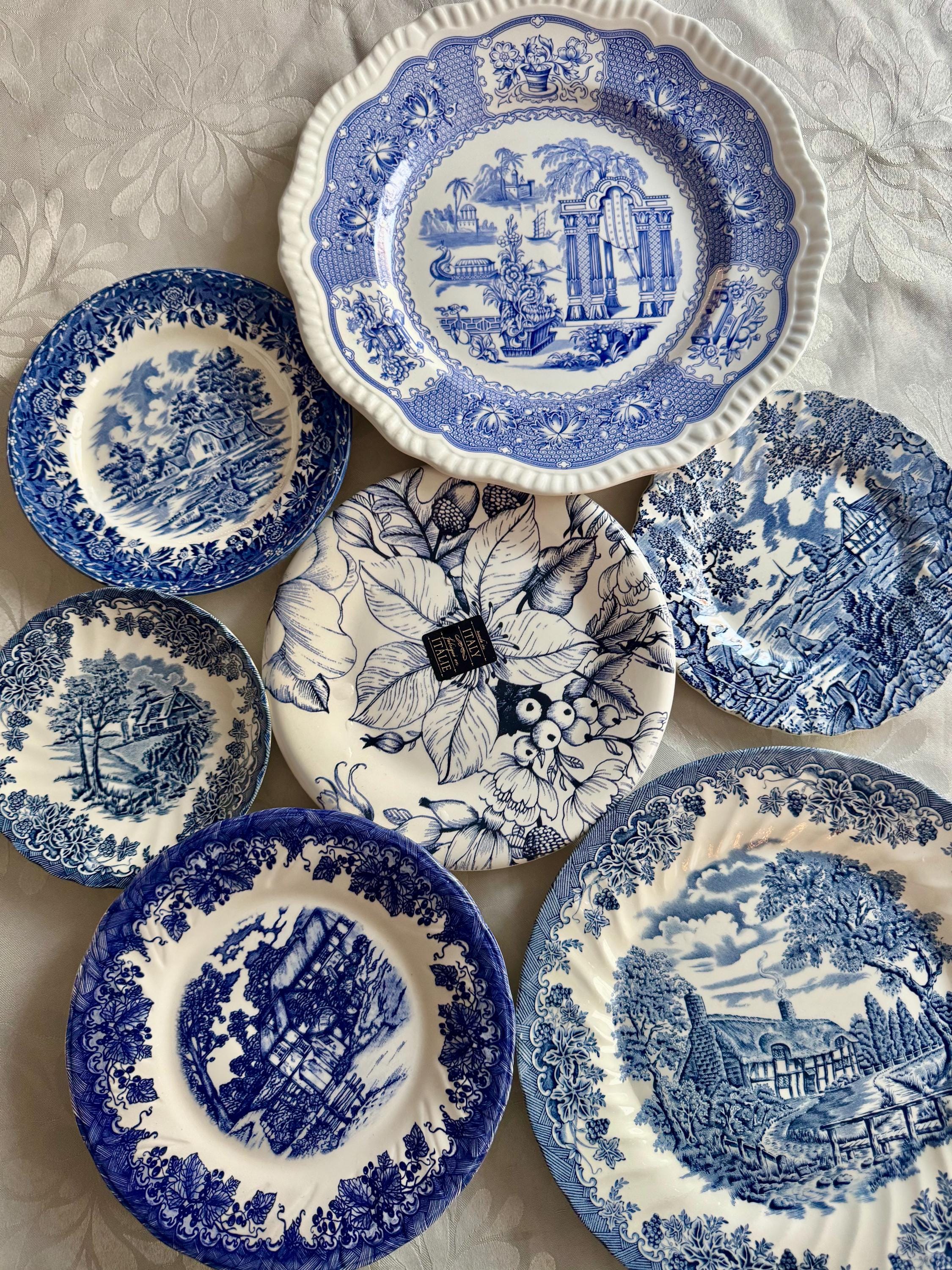 Rare Vintage Gallery Wall Mismatched Set in Blue & White - Collection of 7 Vintage Plates, front view