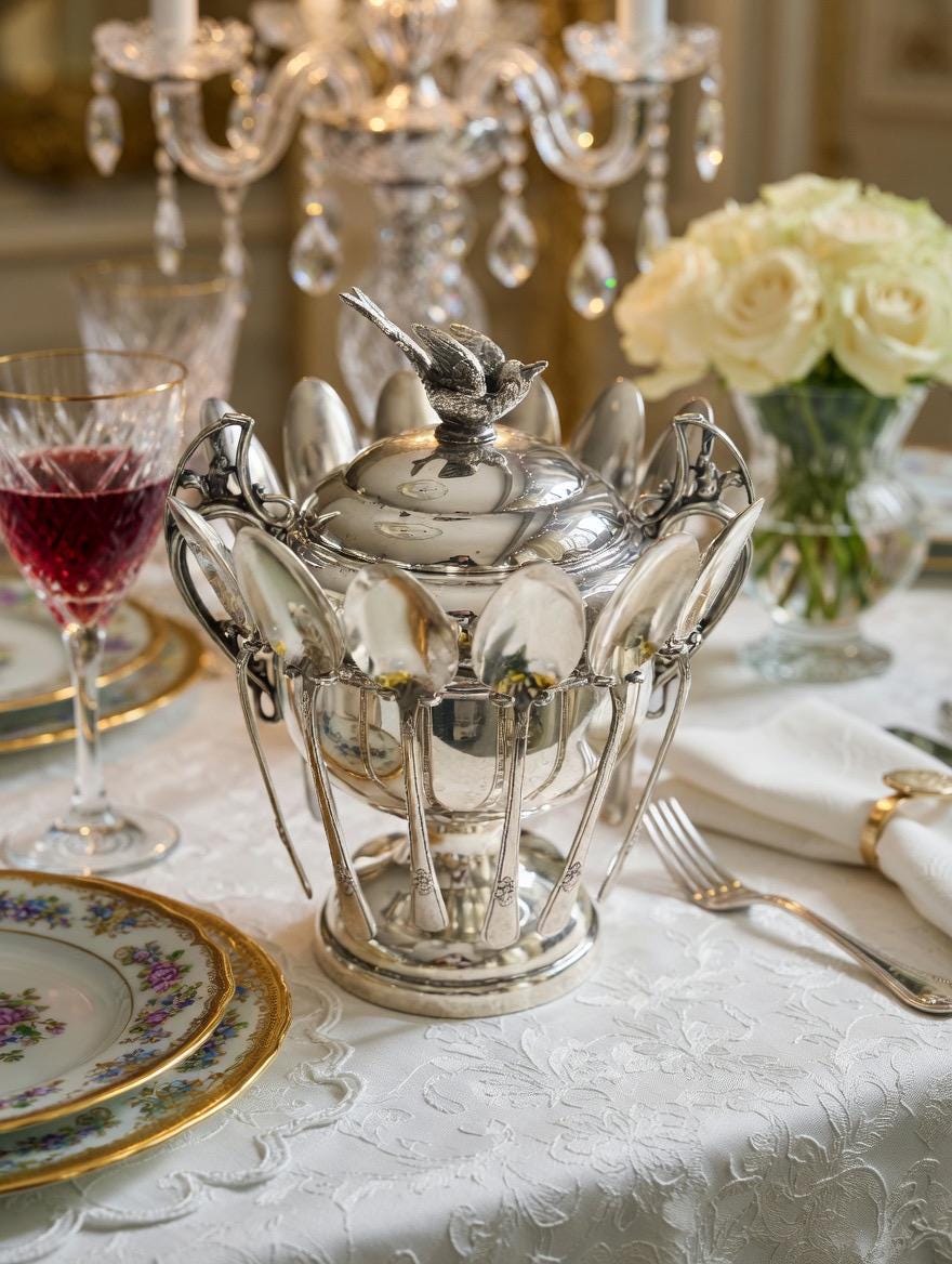 Rare Vintage WM Rogers Silverplate Sugar Bowl, Bird Finial, Squirrel Handles, 12 Spoons, front view